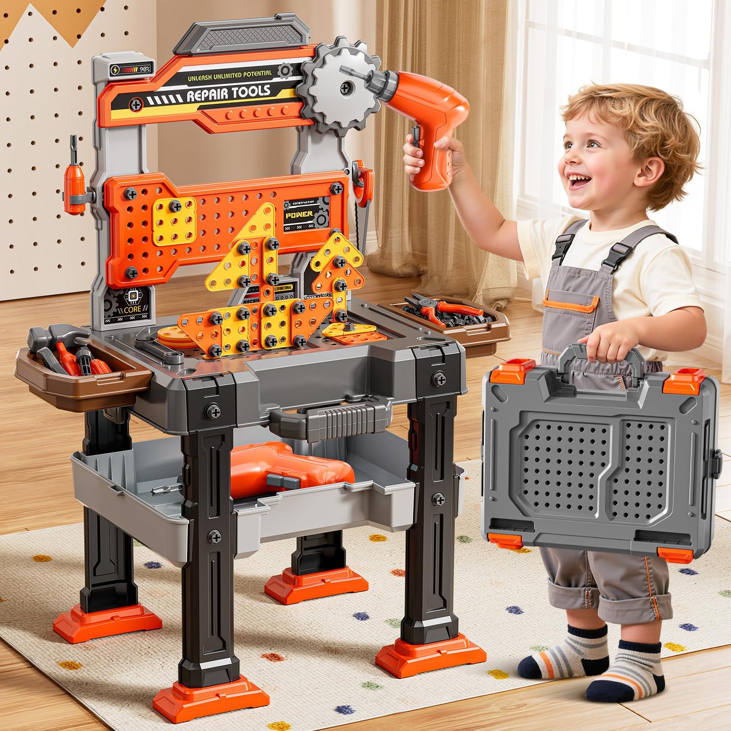 XINNOVEL 2-in-1 Workbench Toy for Toddlers (Ages 3-8) | Realistic Drill & Tools