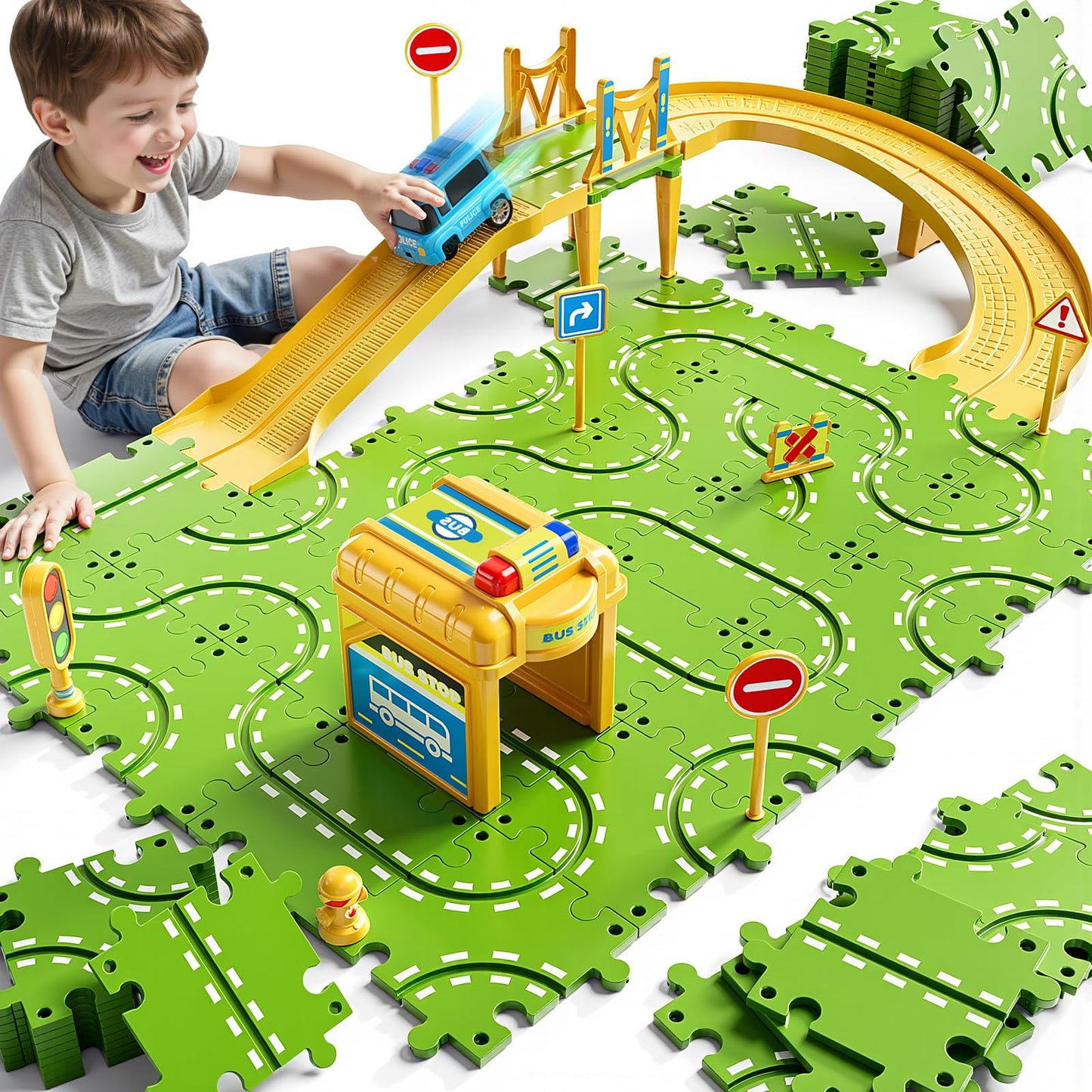 XINNOVEL 2-Tier Large Puzzle Race Car Track Set for Kids 3-8