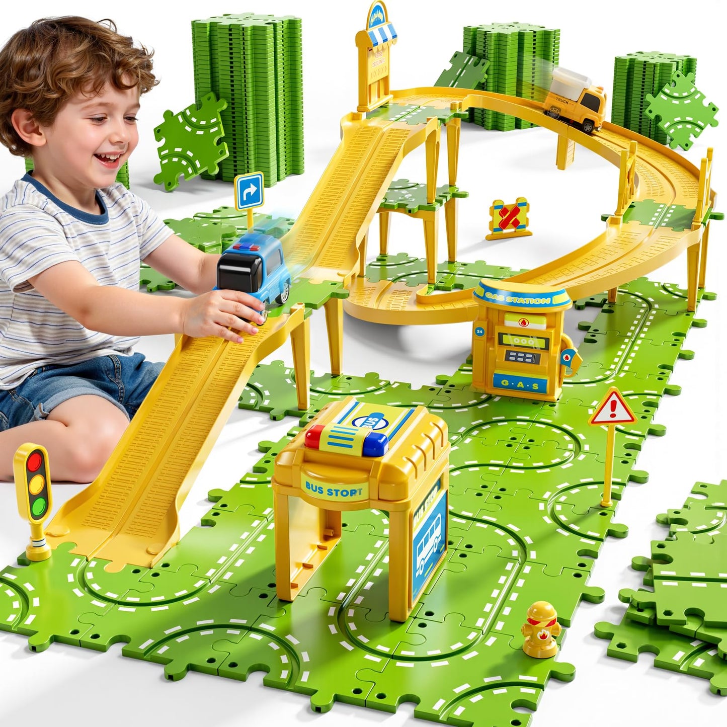 XINNOVEL 3-Tier Puzzle Race Car Track Set for Kids 3-8 | Buildable Tracks & Puzzles