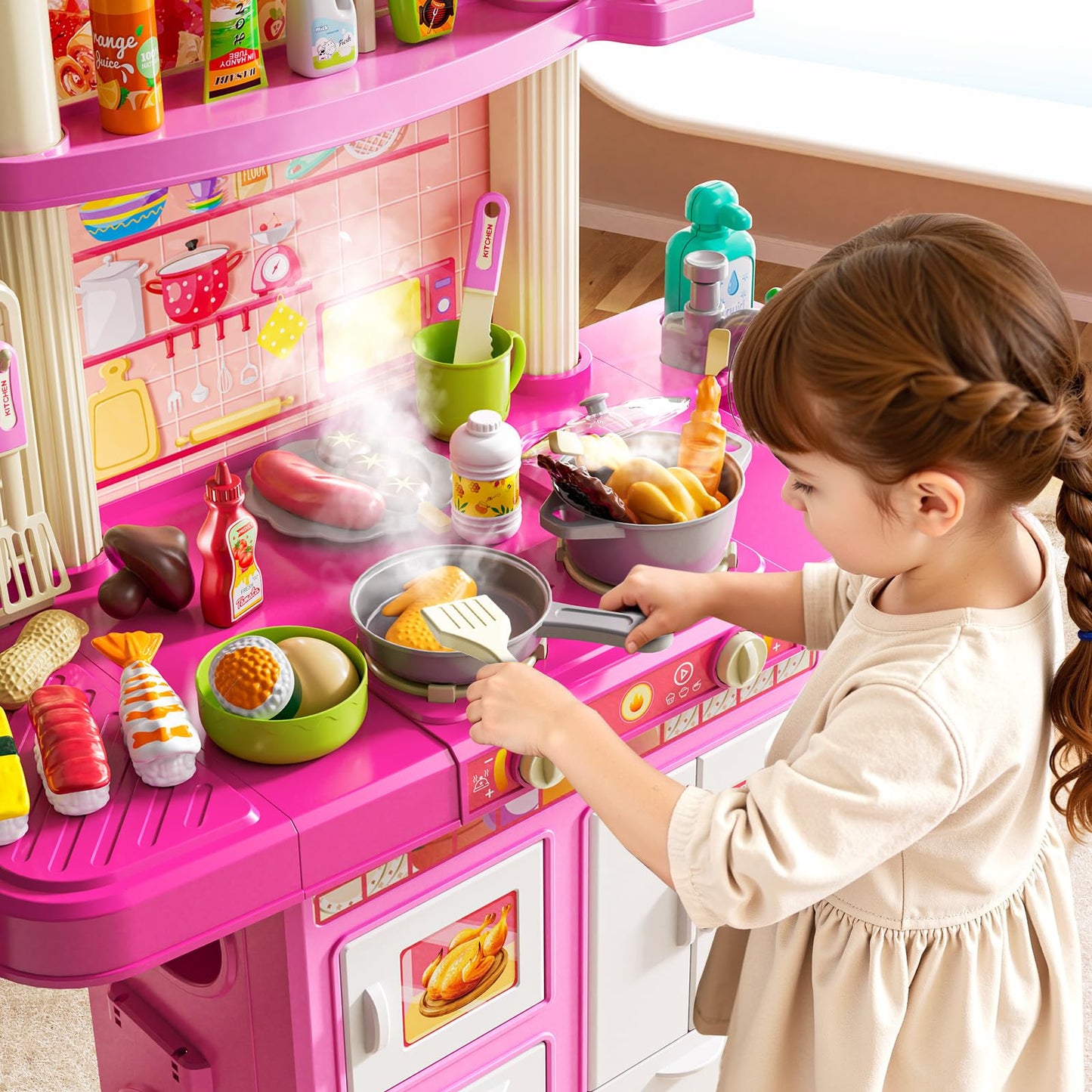 XINNOVEL Kids Play Kitchen Set — 2-Player Pink Kitchen with Sound & Light, 46-Piece Food & Accessories