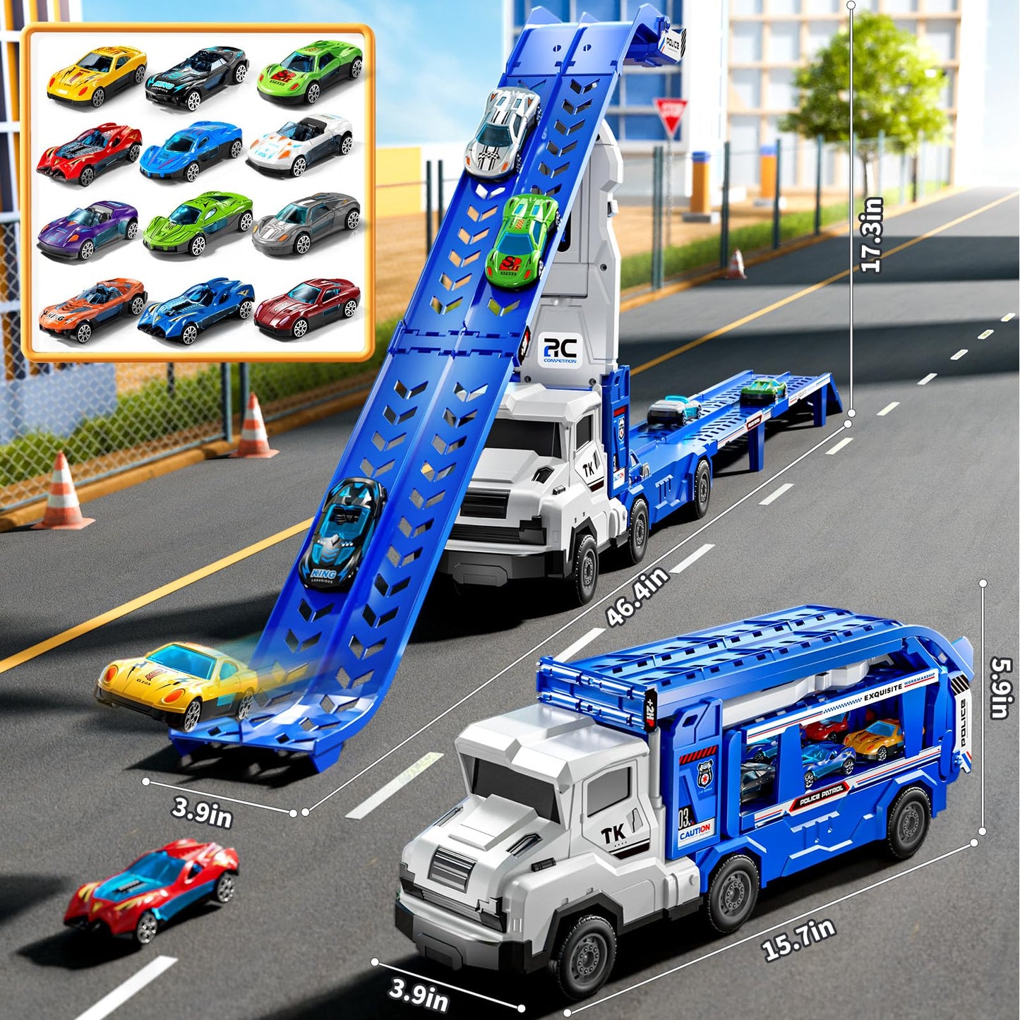 XINNOVEL Toddler Transporter Truck Toy Set with 12 Die-Cast Cars | Foldable Track Race for 3-8 Year Old Boys