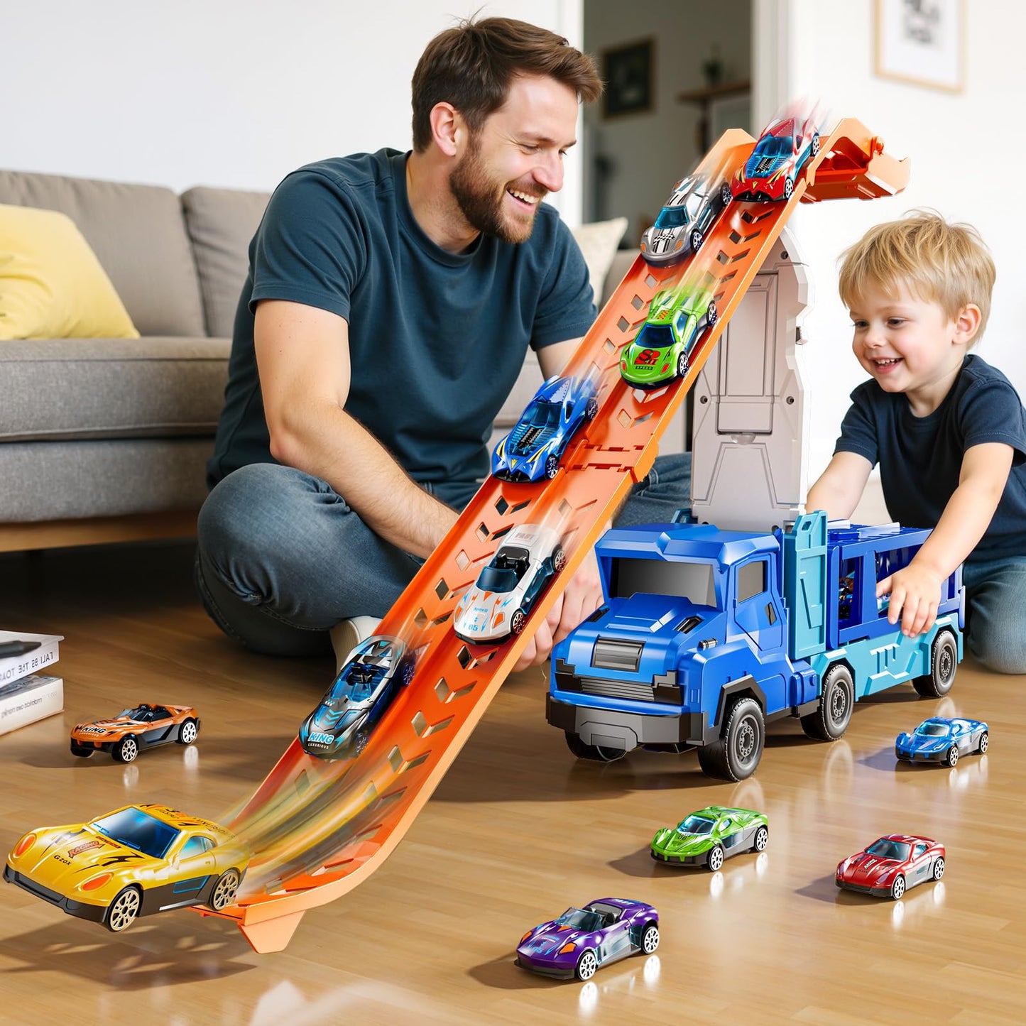 XINNOVEL Toddler Car Truck Toys for 3 to 8 Years Old Boys | 12 Die-Cast Cars & Dual-Track Transporter