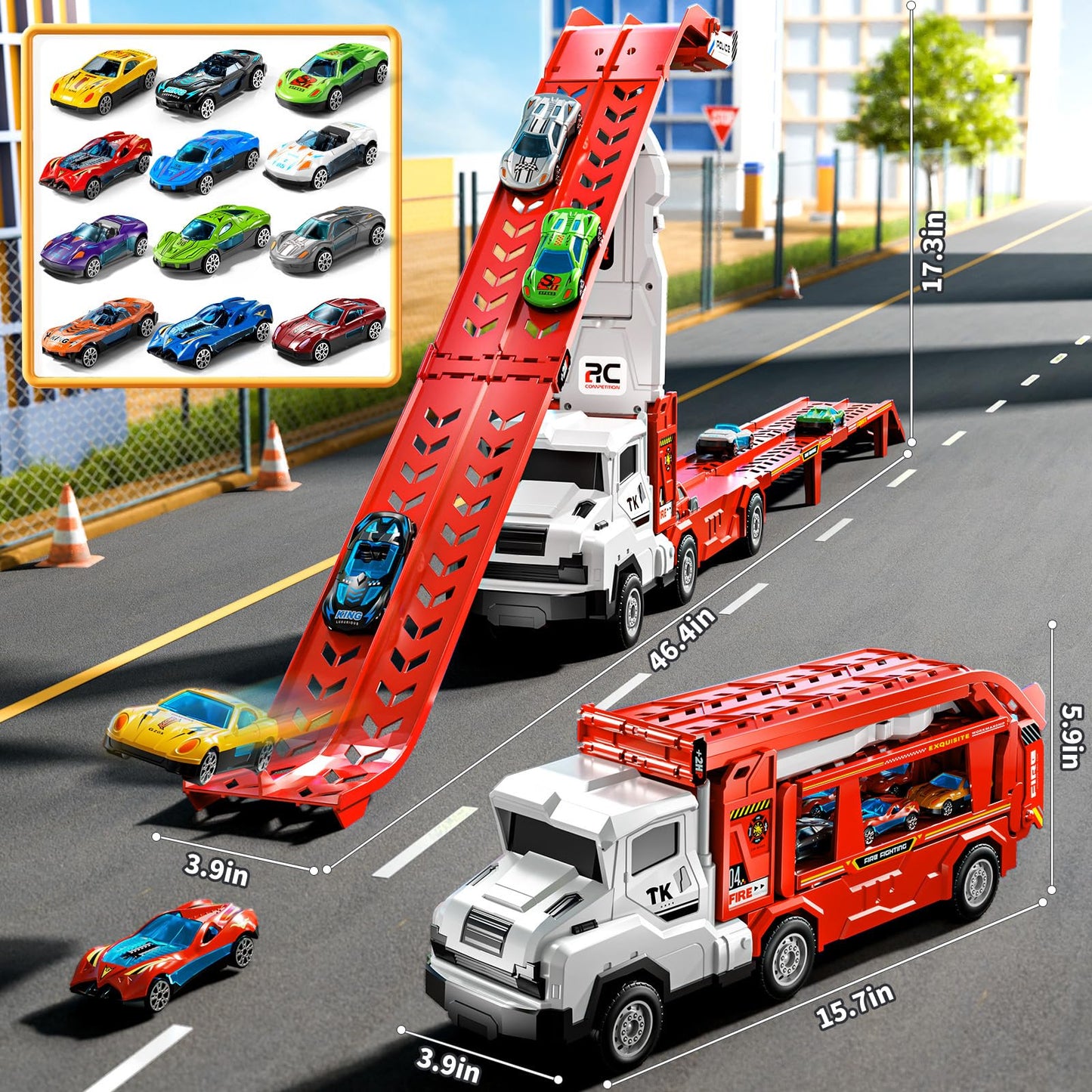 XINNOVEL Transporter Truck Toy Set with 12 Die-Cast Cars | Foldable 2-Track Race for Ages 3-8