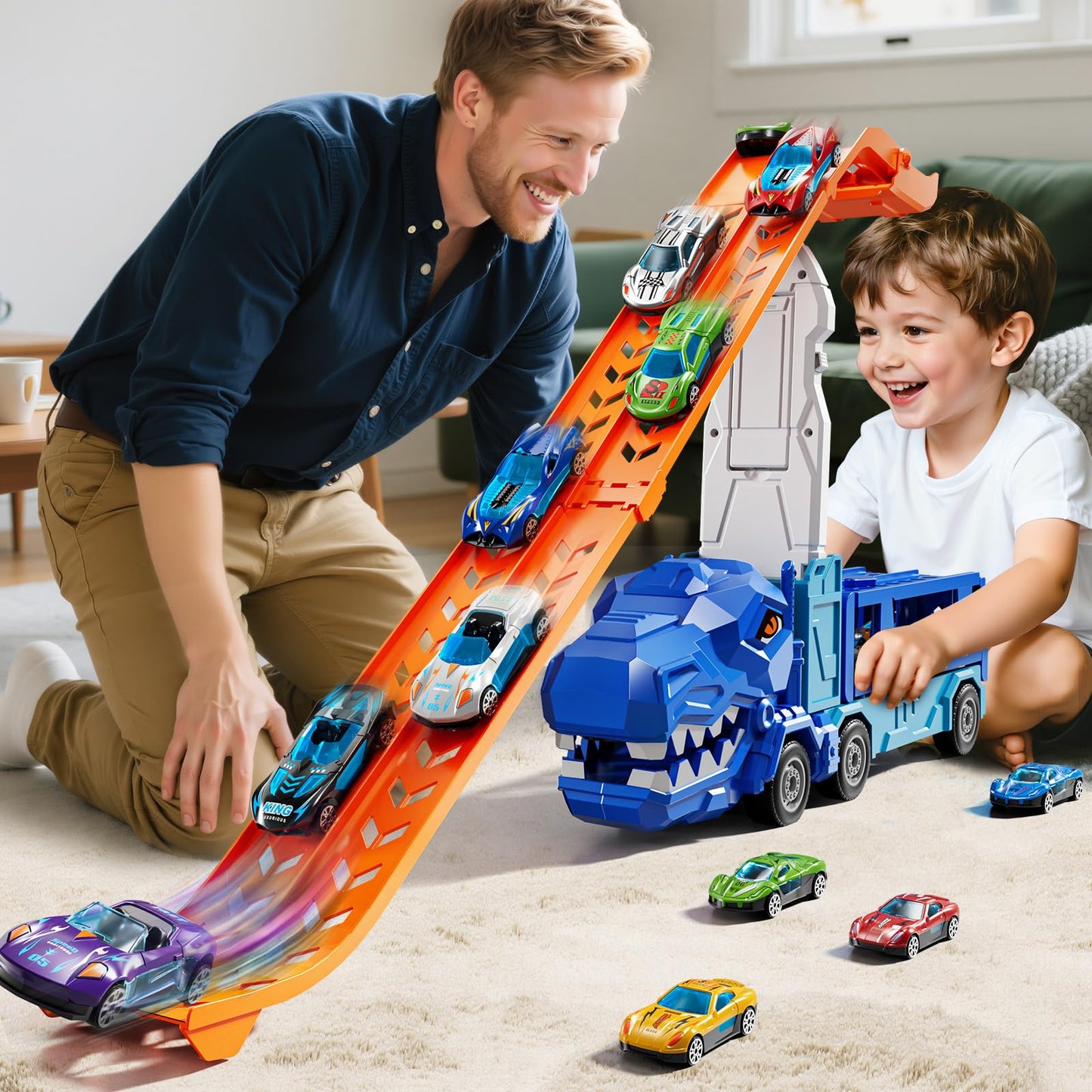 XINNOVEL Dinosaur Truck Track Set with 12 Die-Cast Cars - Foldable Race Track for Kids 3-8