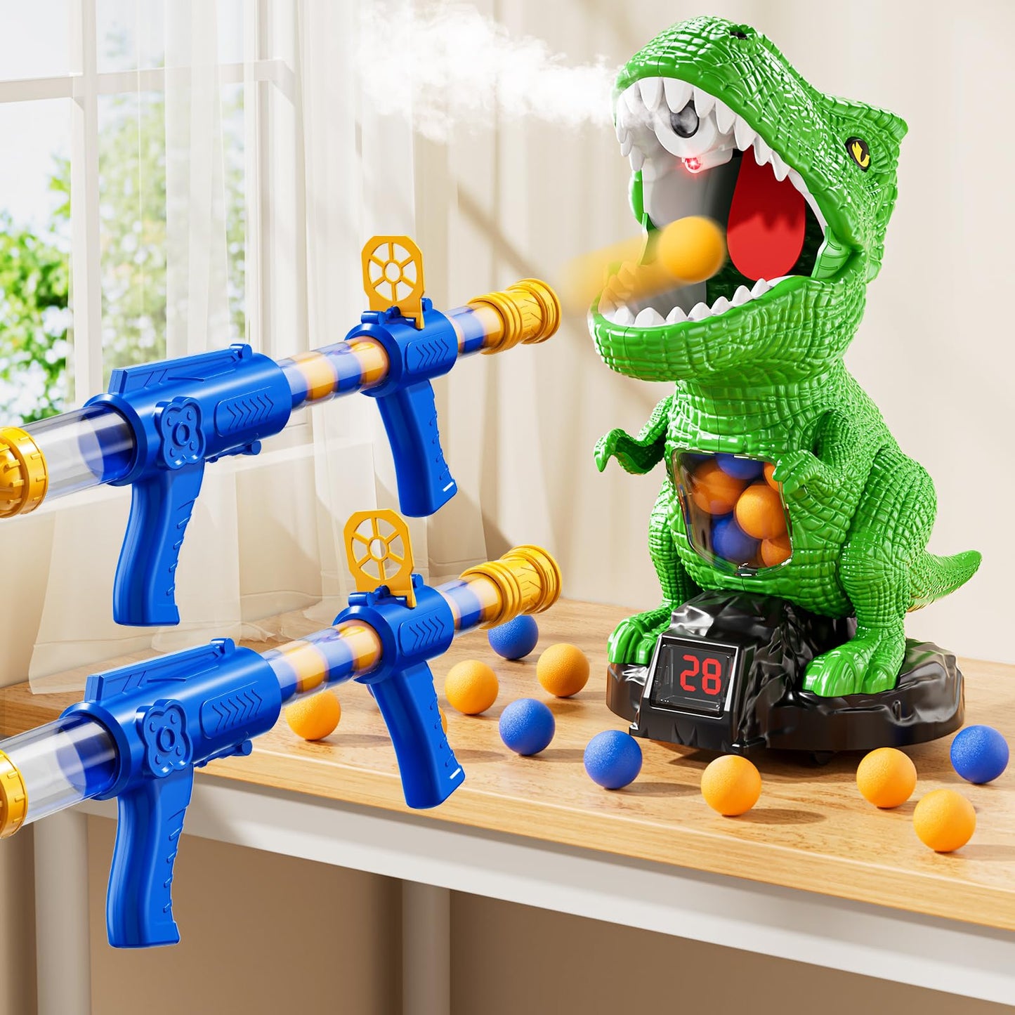 XINNOVEL Movable Dinosaur Shooting Game – Indoor/Outdoor Target Toy with 2 Foam Gun Launchers and LCD Score