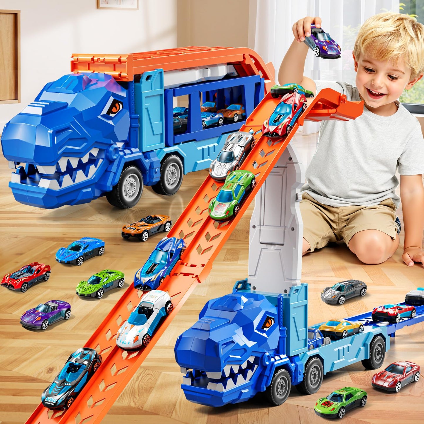 XINNOVEL Dinosaur Truck Track Set with 12 Die-Cast Cars - Foldable Race Track for Kids 3-8