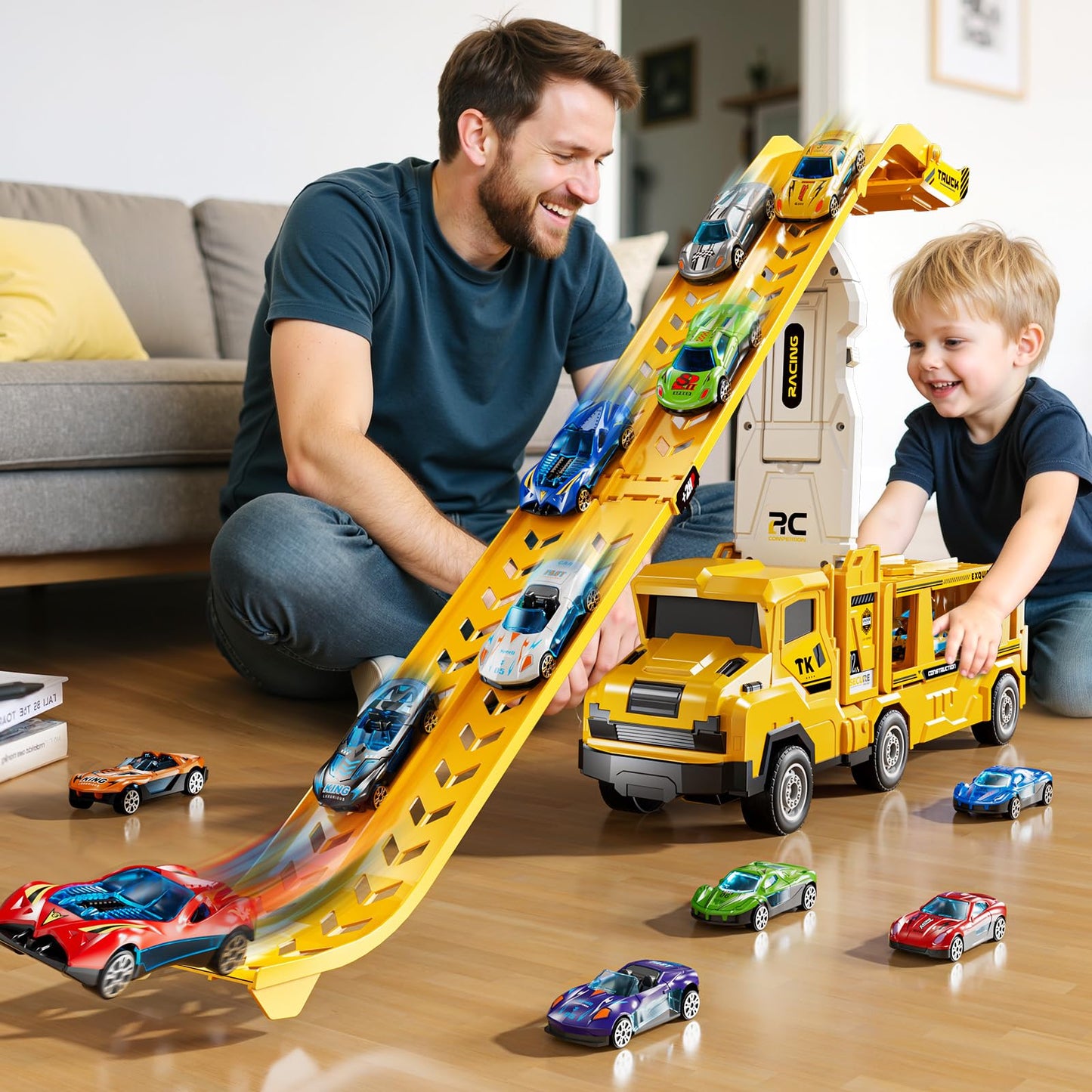XINNOVEL Toddler Transporter Truck Toy Set – 12 Die-Cast Cars & Dual Track for Ages 3–8