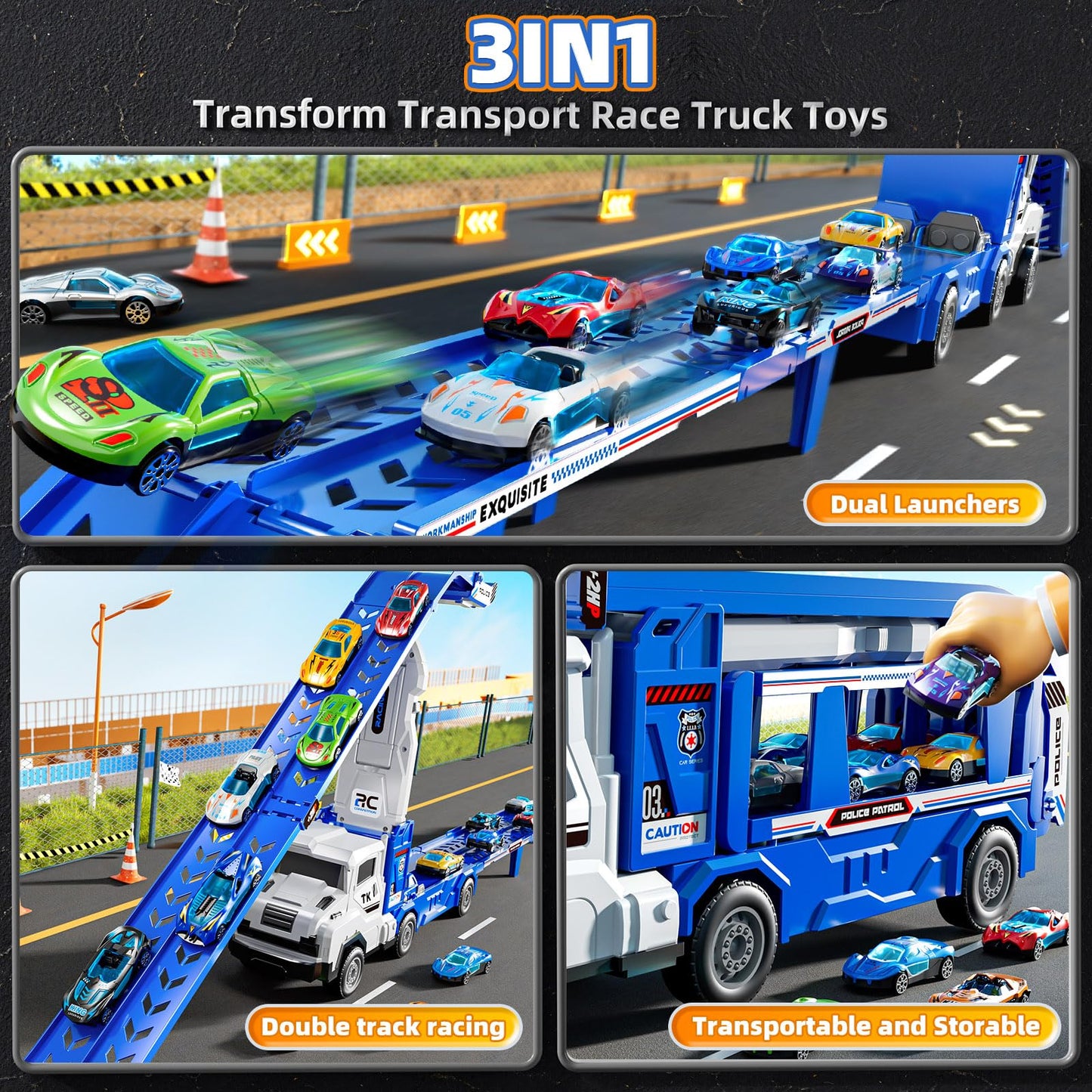 XINNOVEL Toddler Transporter Truck Toy Set with 12 Die-Cast Cars | Foldable Track Race for 3-8 Year Old Boys