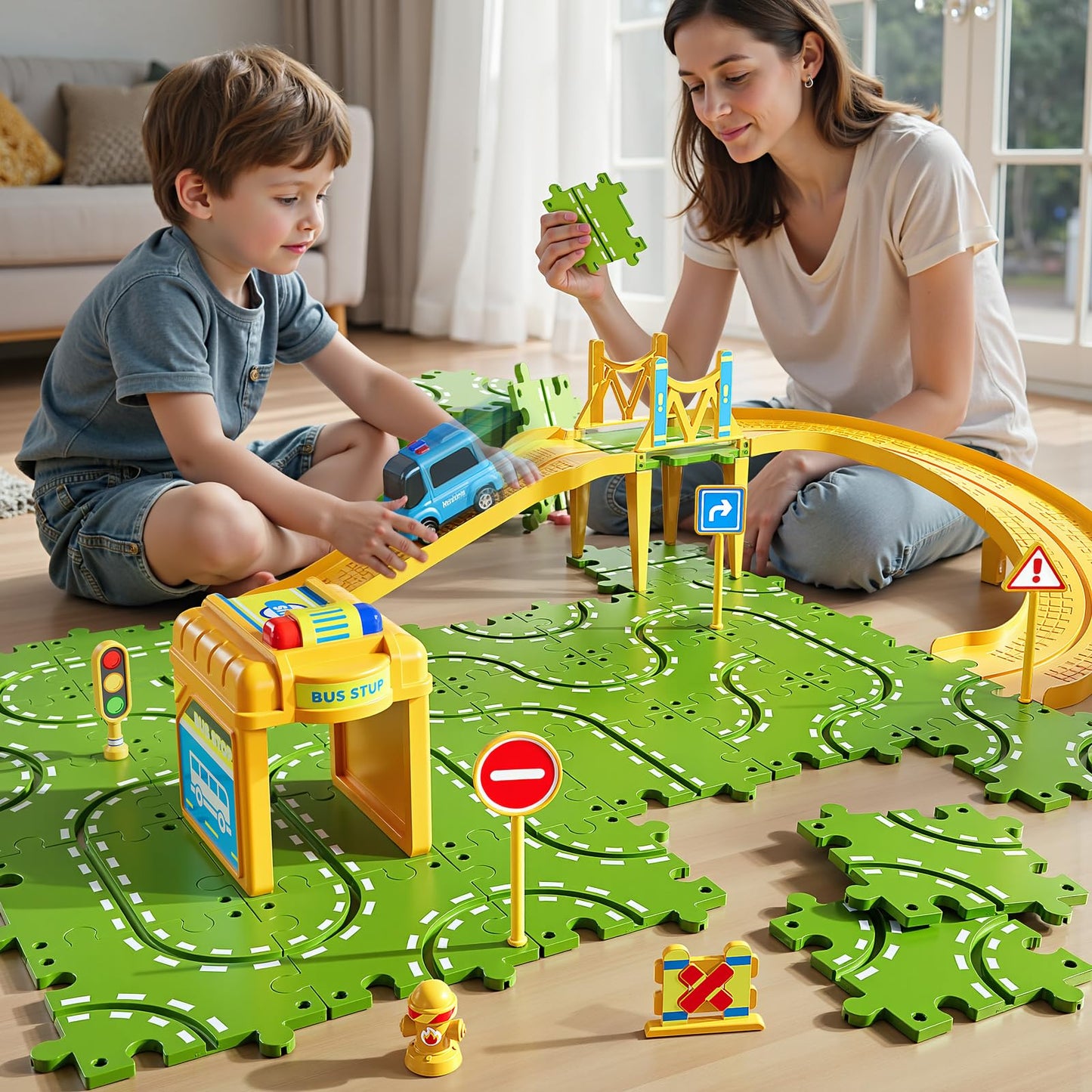 XINNOVEL 2-Tier Large Puzzle Race Car Track Set for Kids 3-8