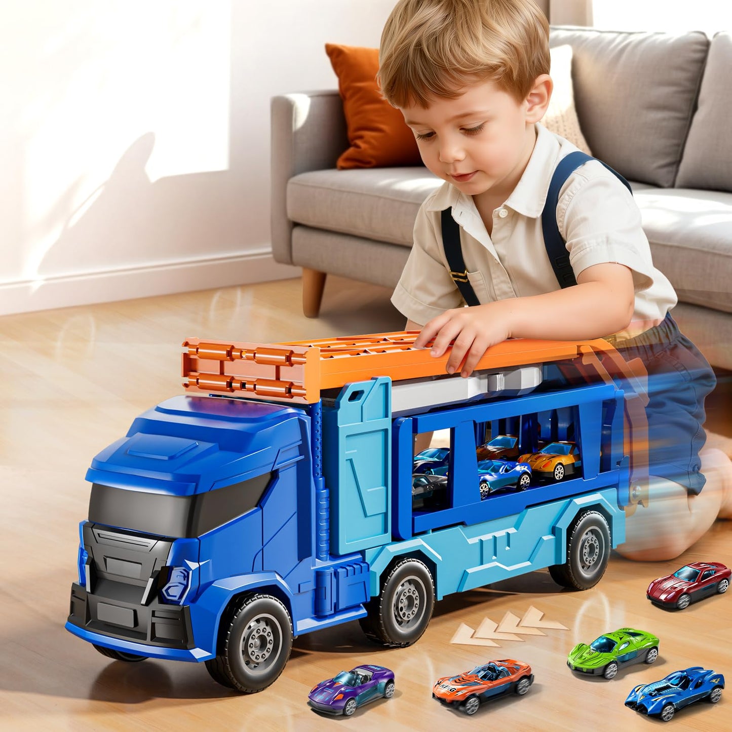 XINNOVEL Truck Toy Car Track Set with 12 Die-Cast Cars – 3-8 Years