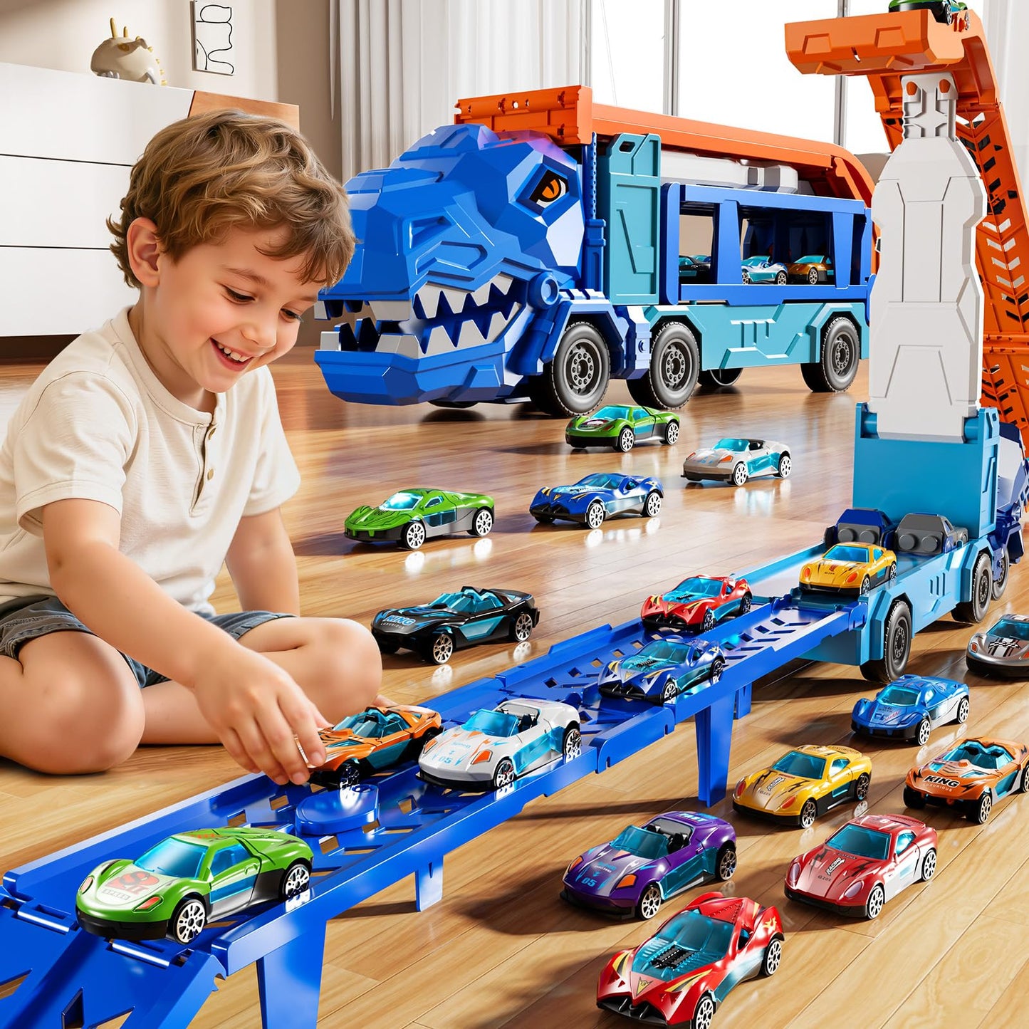 XINNOVEL Dinosaur Truck Track Set with 12 Die-Cast Cars - Foldable Race Track for Kids 3-8