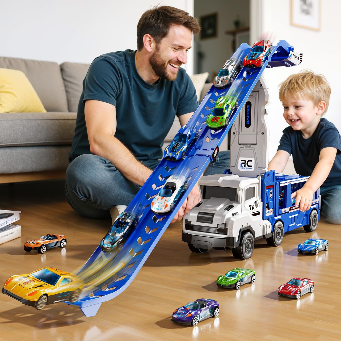 XINNOVEL Toddler Transporter Truck Toy Set with 12 Die-Cast Cars | Foldable Track Race for 3-8 Year Old Boys