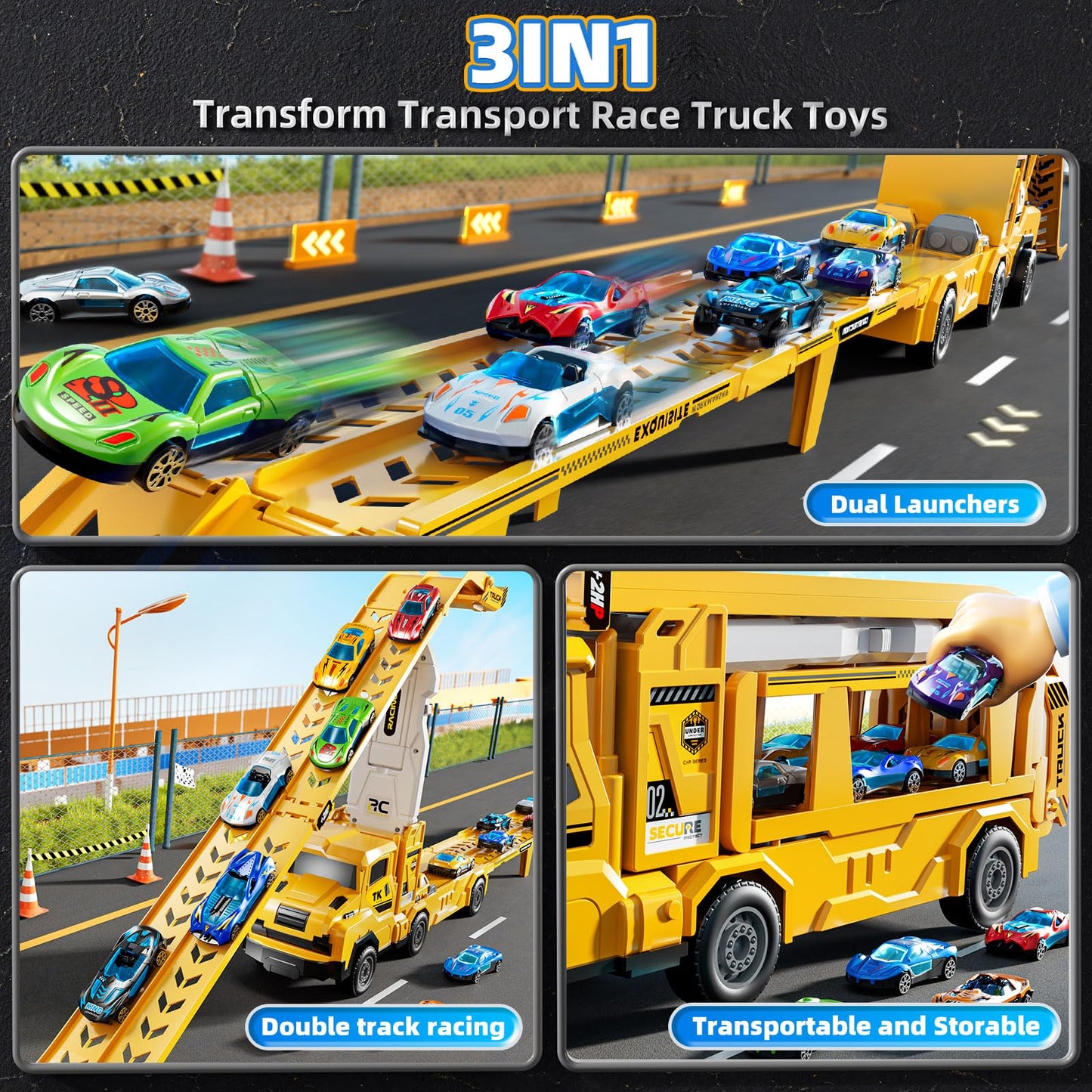 XINNOVEL Toddler Transporter Truck Toy Set – 12 Die-Cast Cars & Dual Track for Ages 3–8