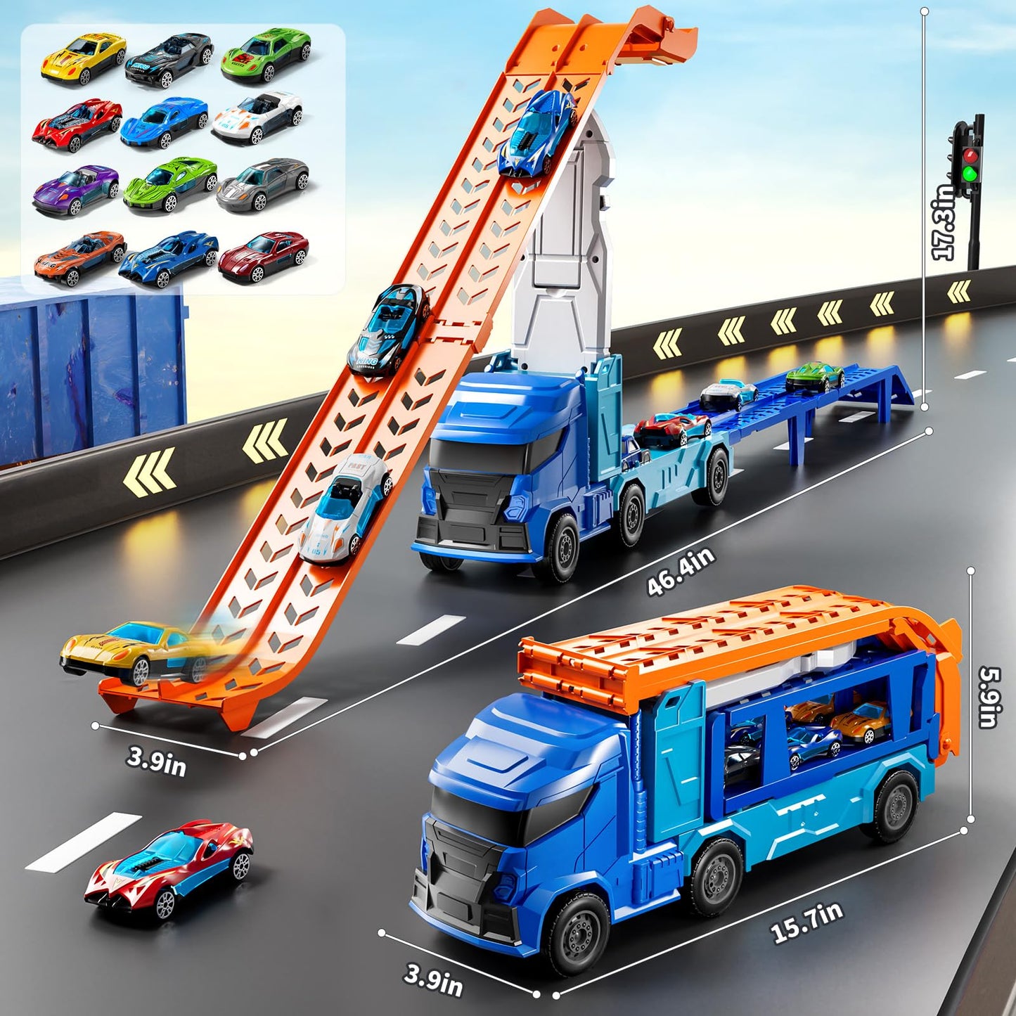 XINNOVEL Truck Toy Car Track Set with 12 Die-Cast Cars – 3-8 Years