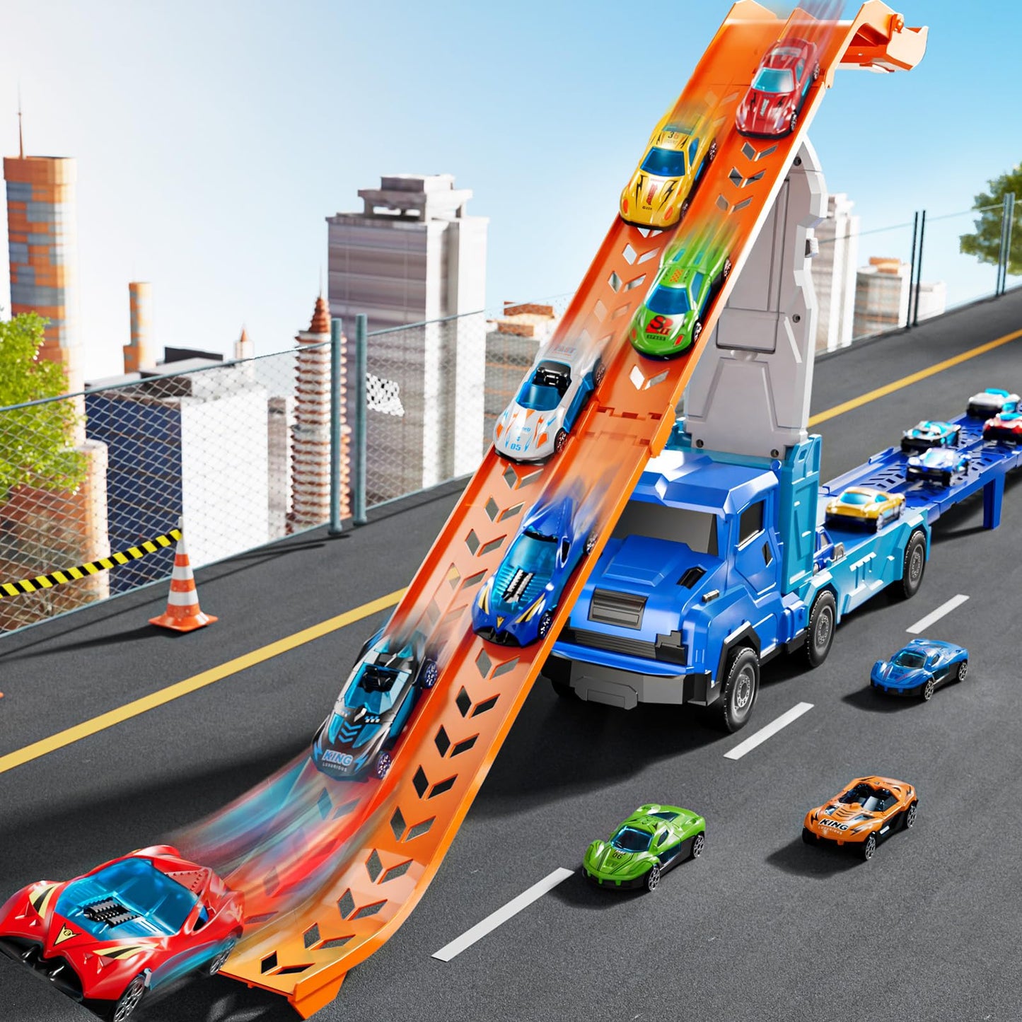 XINNOVEL Toddler Car Truck Toys for 3 to 8 Years Old Boys | 12 Die-Cast Cars & Dual-Track Transporter