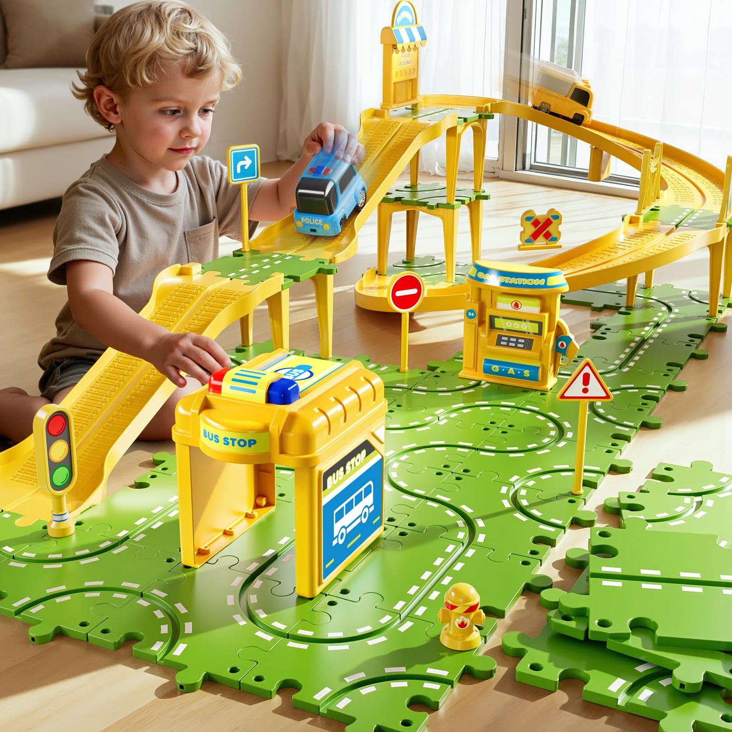 XINNOVEL 3-Tier Puzzle Race Car Track Set for Kids 3-8 | Buildable Tracks & Puzzles