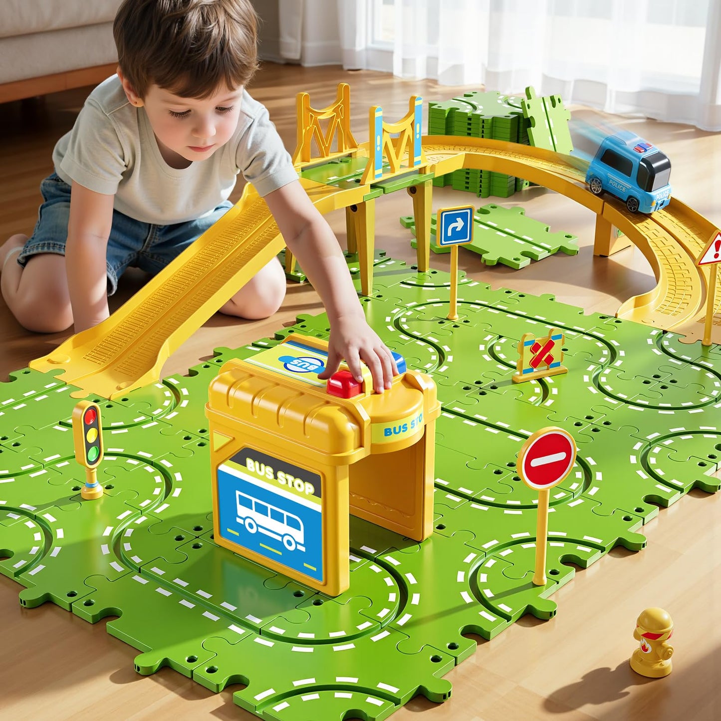 XINNOVEL 2-Tier Large Puzzle Race Car Track Set for Kids 3-8