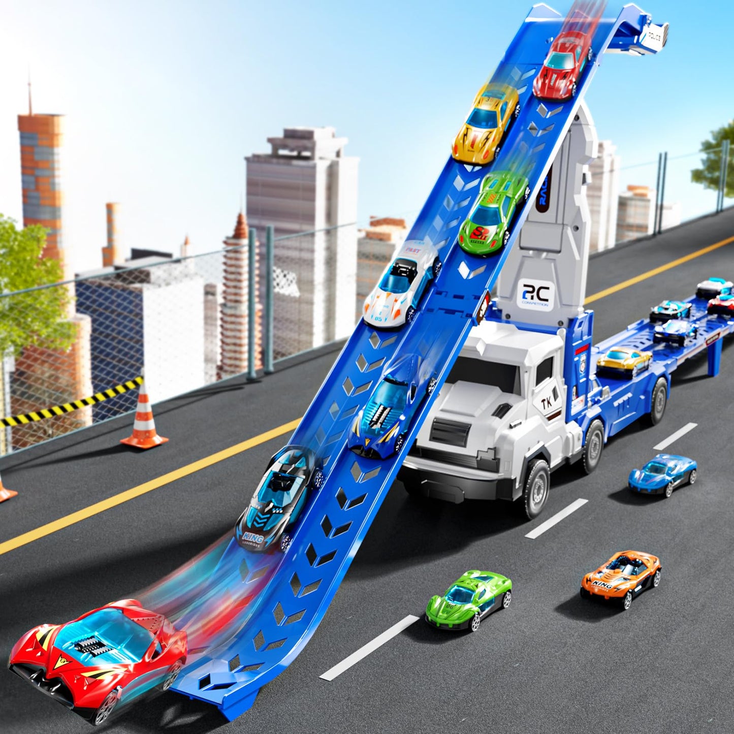 XINNOVEL Toddler Transporter Truck Toy Set with 12 Die-Cast Cars | Foldable Track Race for 3-8 Year Old Boys