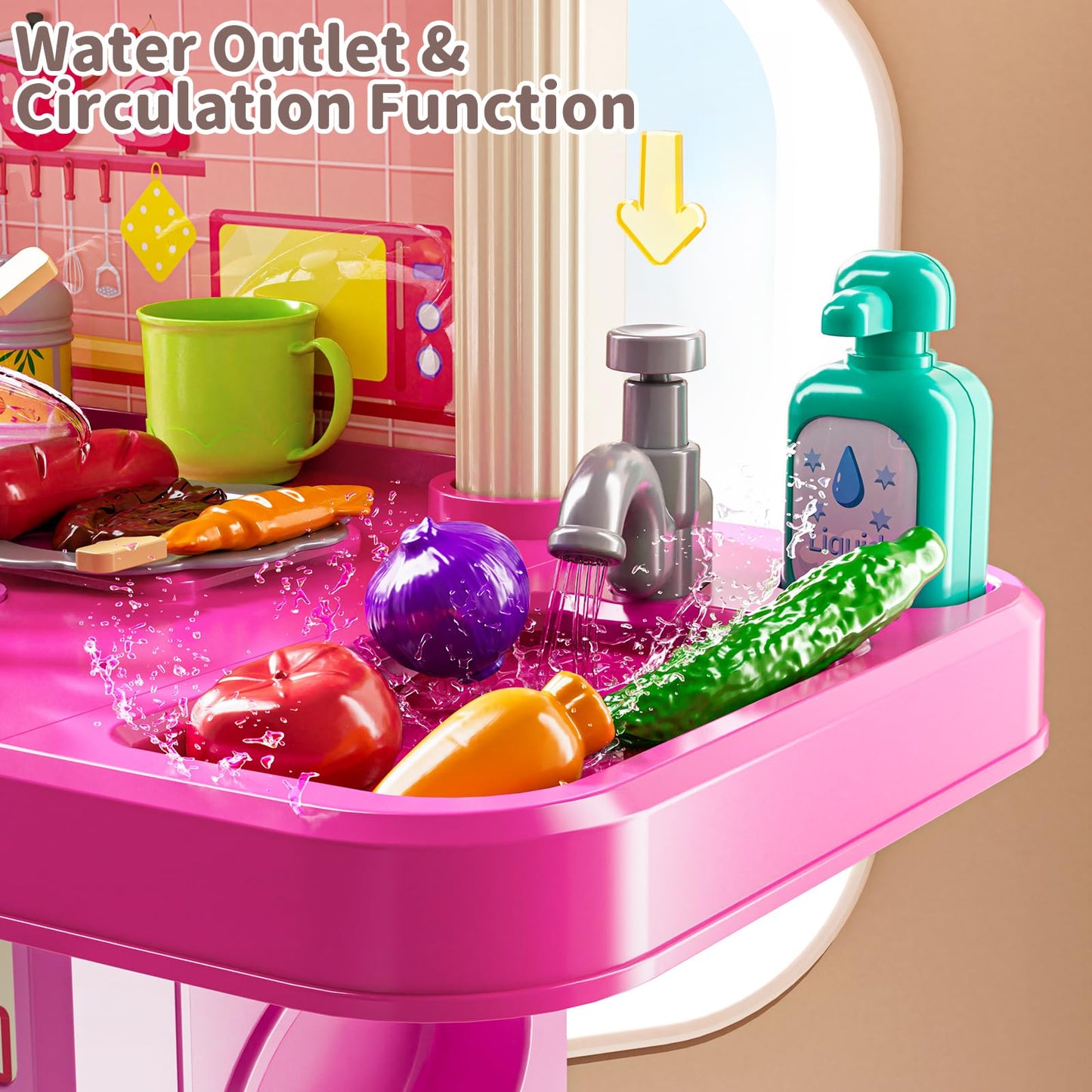 XINNOVEL Kids Play Kitchen Set — 2-Player Pink Kitchen with Sound & Light, 46-Piece Food & Accessories