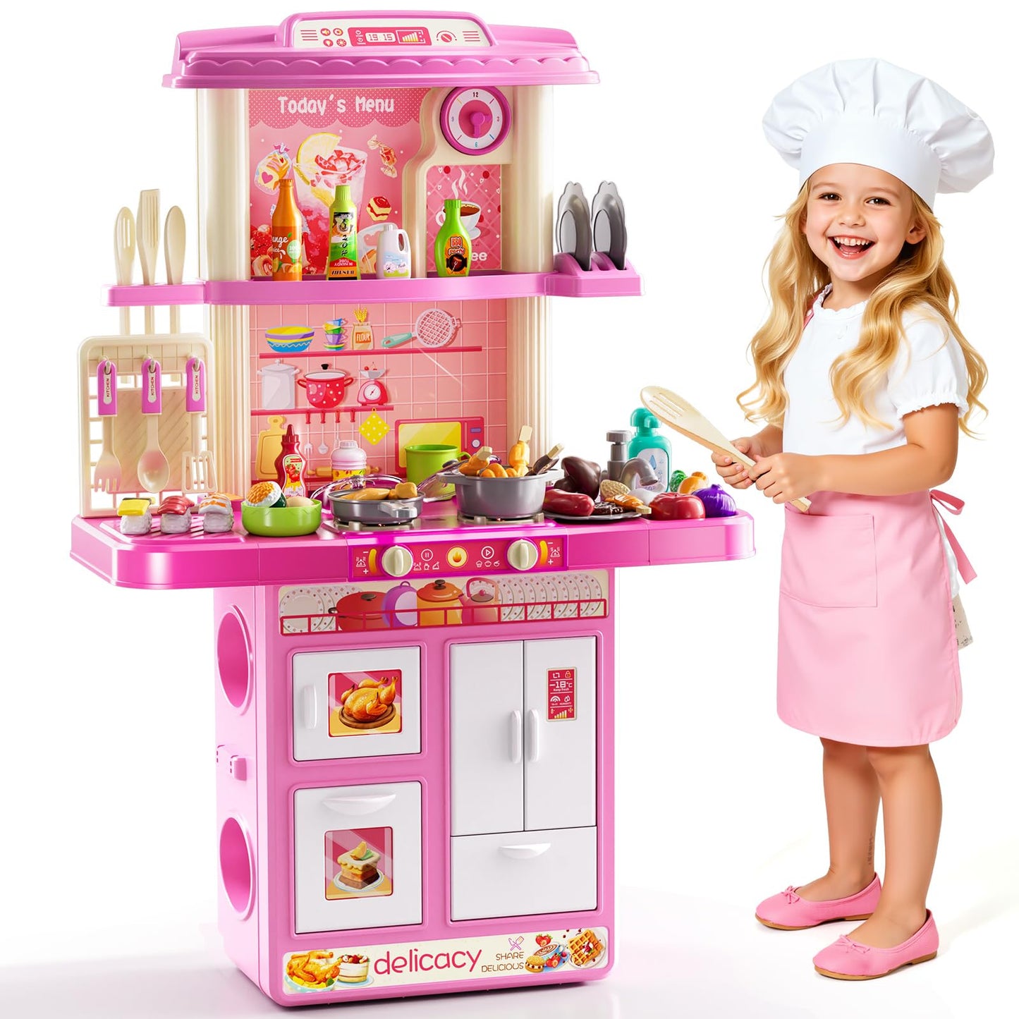 XINNOVEL Kids Play Kitchen Set — 2-Player Pink Kitchen with Sound & Light, 46-Piece Food & Accessories