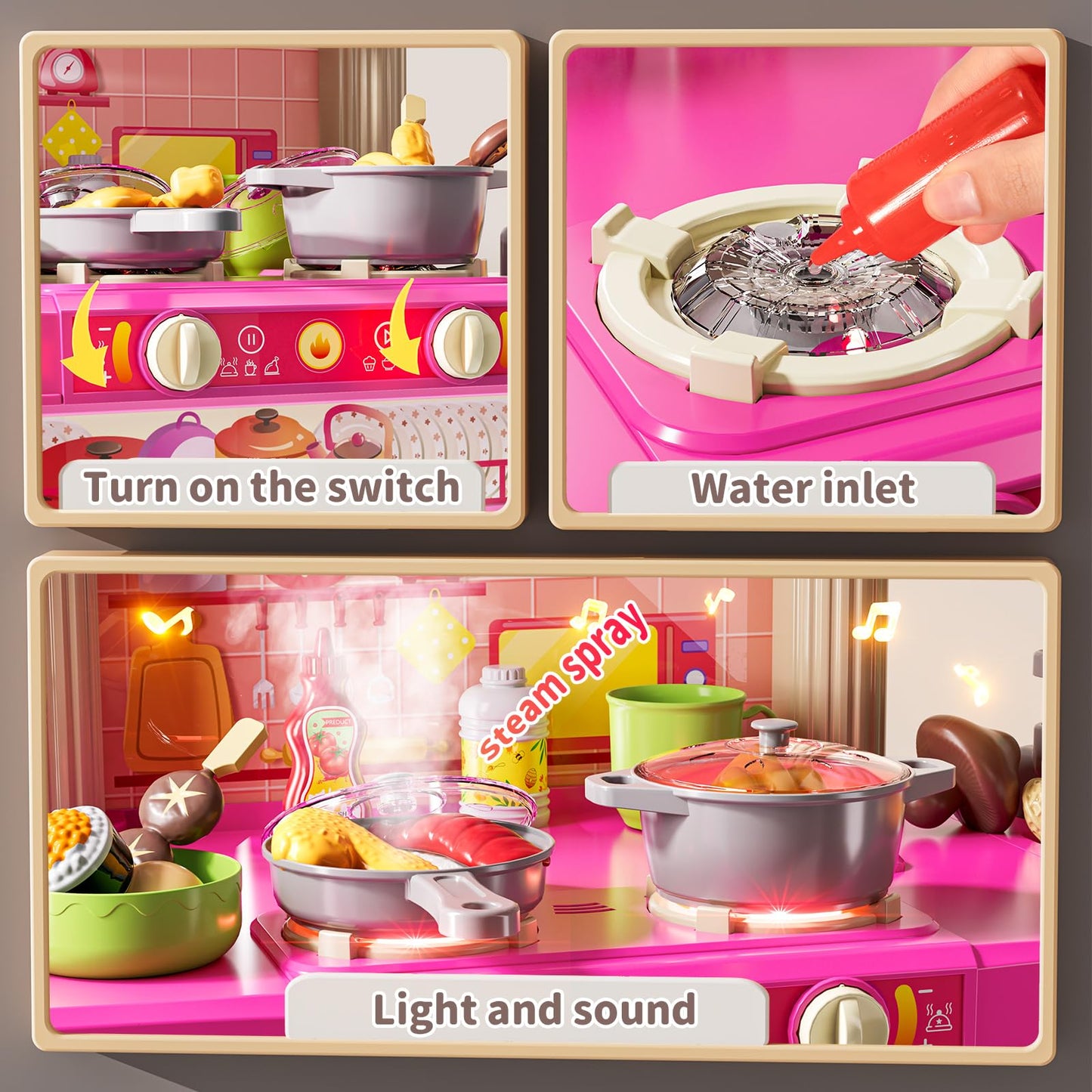 XINNOVEL Kids Play Kitchen Set — 2-Player Pink Kitchen with Sound & Light, 46-Piece Food & Accessories