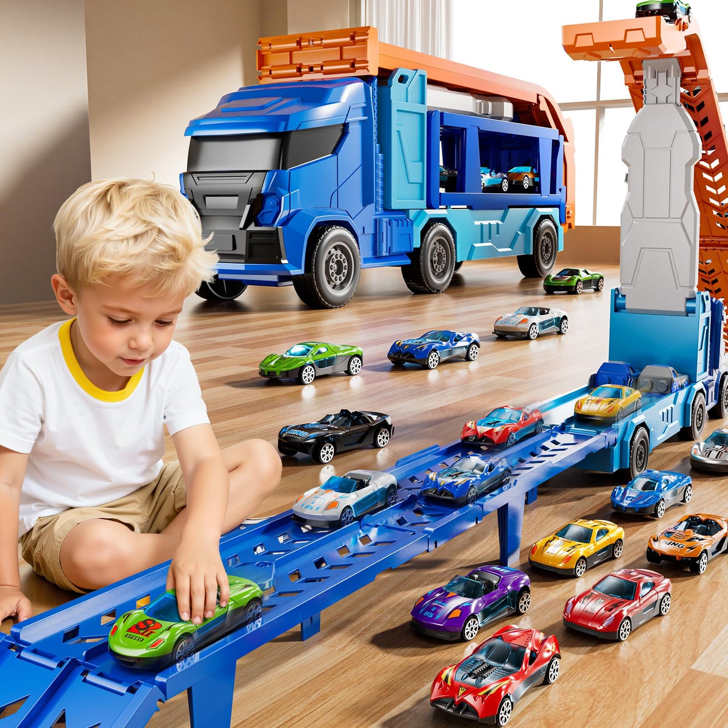 XINNOVEL Truck Toy Car Track Set with 12 Die-Cast Cars – 3-8 Years