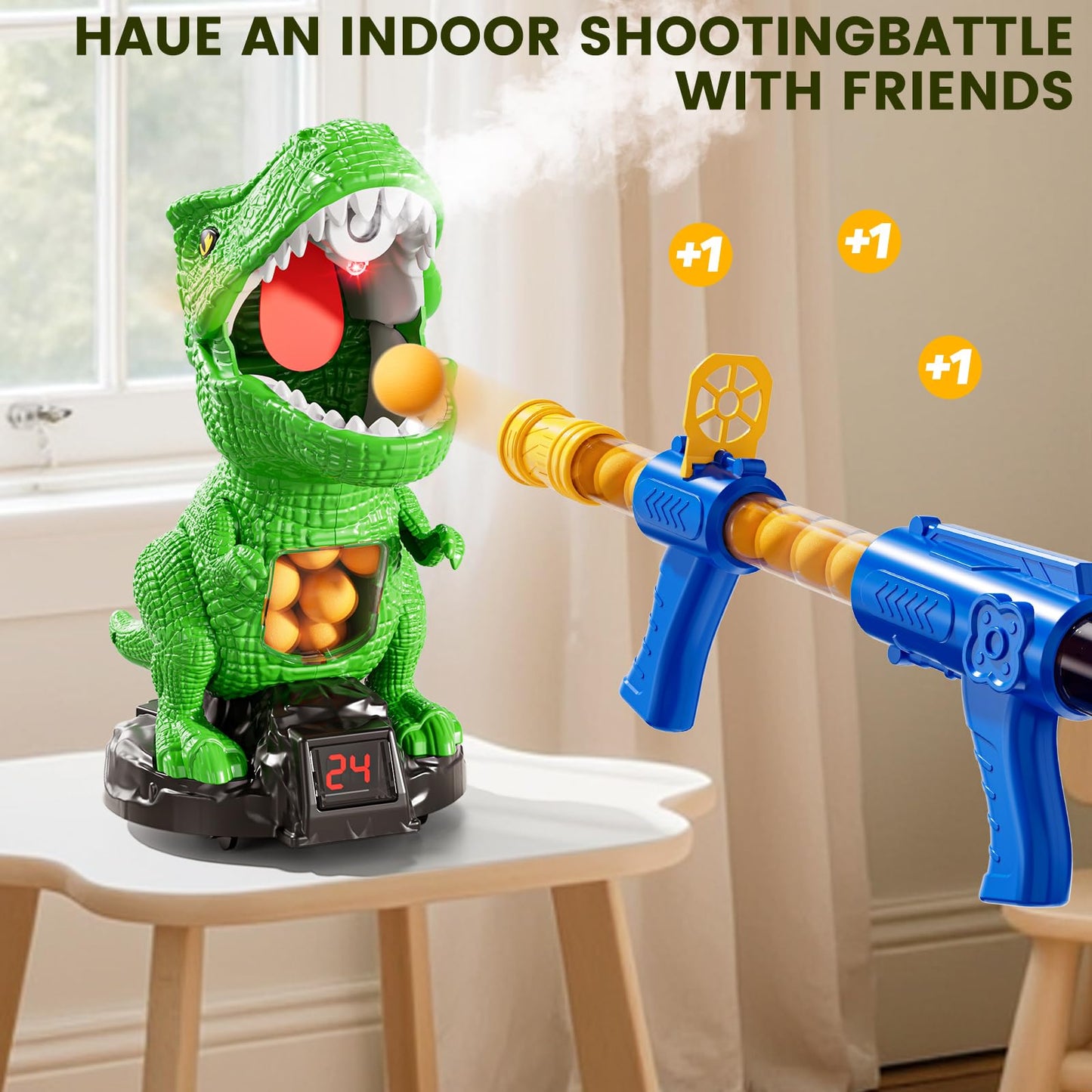 XINNOVEL Movable Dinosaur Shooting Toy for Kids 3-12 – LCD Score, Foam Balls, Air Pump Launcher