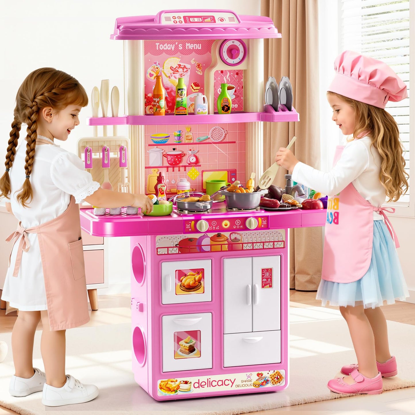 XINNOVEL Kids Play Kitchen Set — 2-Player Pink Kitchen with Sound & Light, 46-Piece Food & Accessories