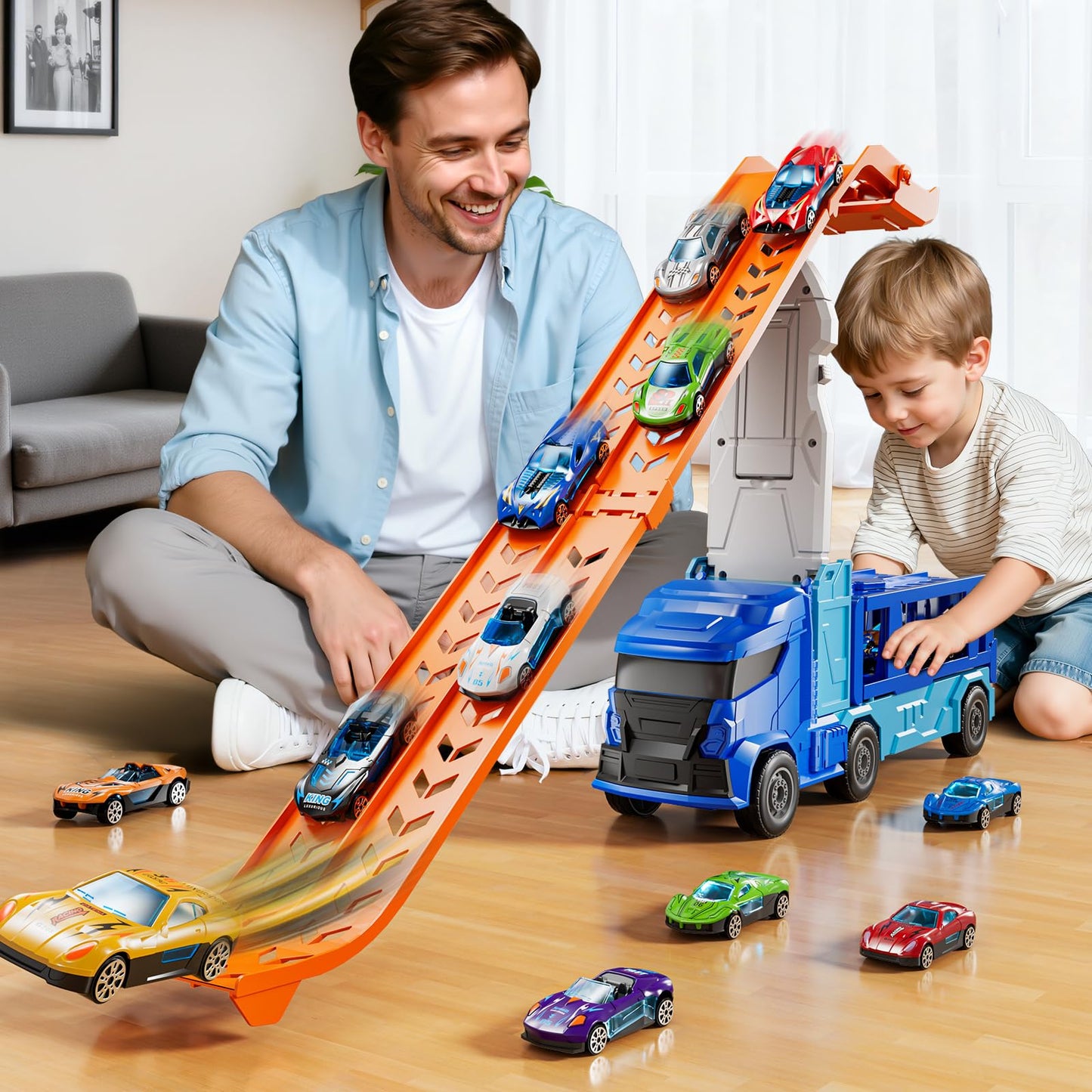 XINNOVEL Truck Toy Car Track Set with 12 Die-Cast Cars – 3-8 Years