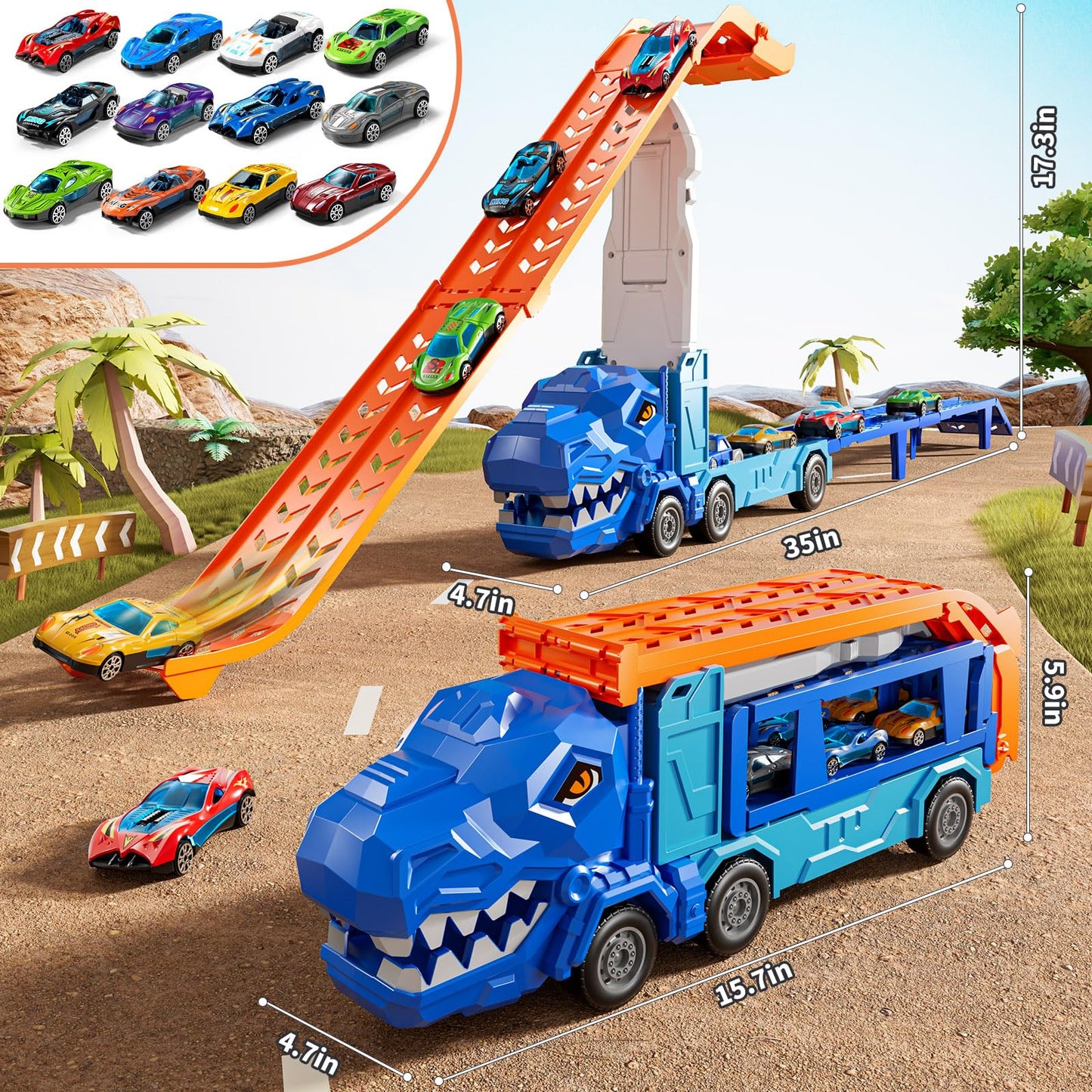 XINNOVEL Dinosaur Truck Track Set with 12 Die-Cast Cars - Foldable Race Track for Kids 3-8