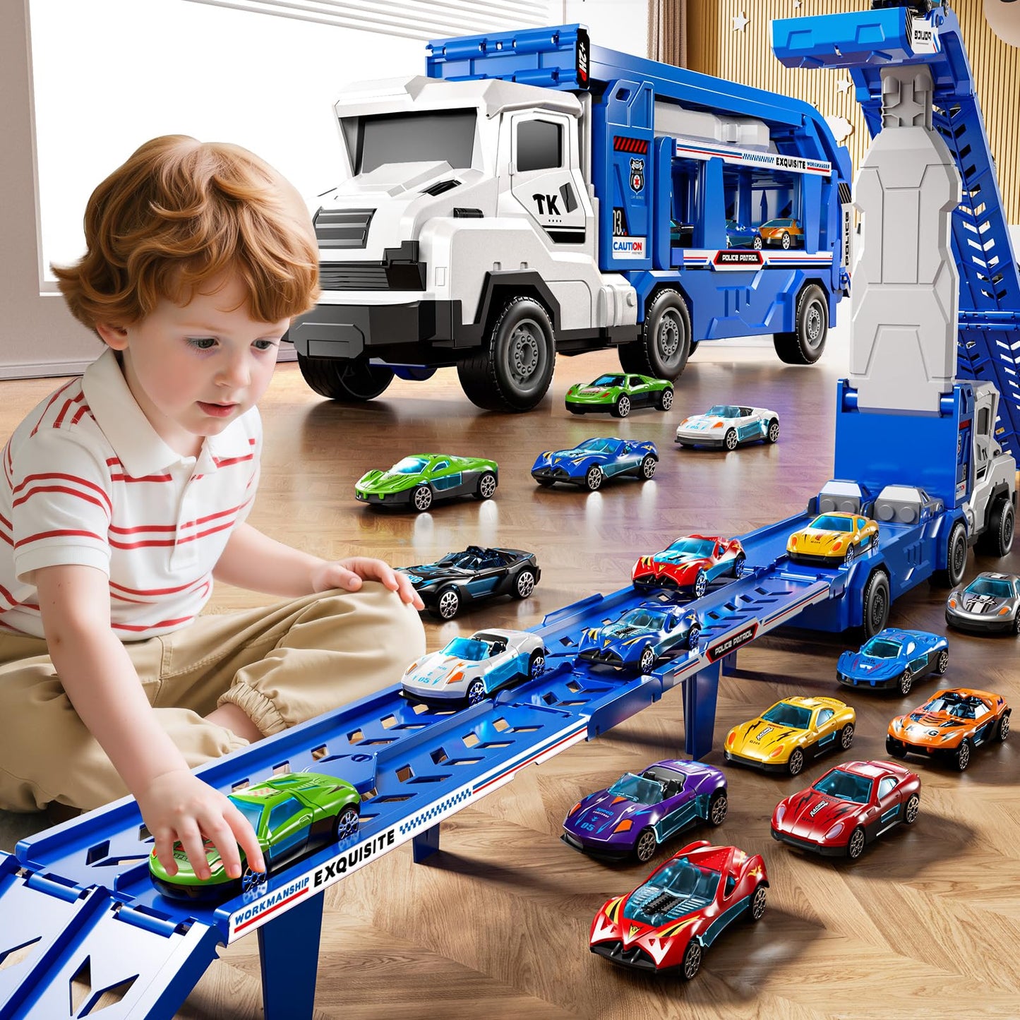 XINNOVEL Toddler Transporter Truck Toy Set with 12 Die-Cast Cars | Foldable Track Race for 3-8 Year Old Boys