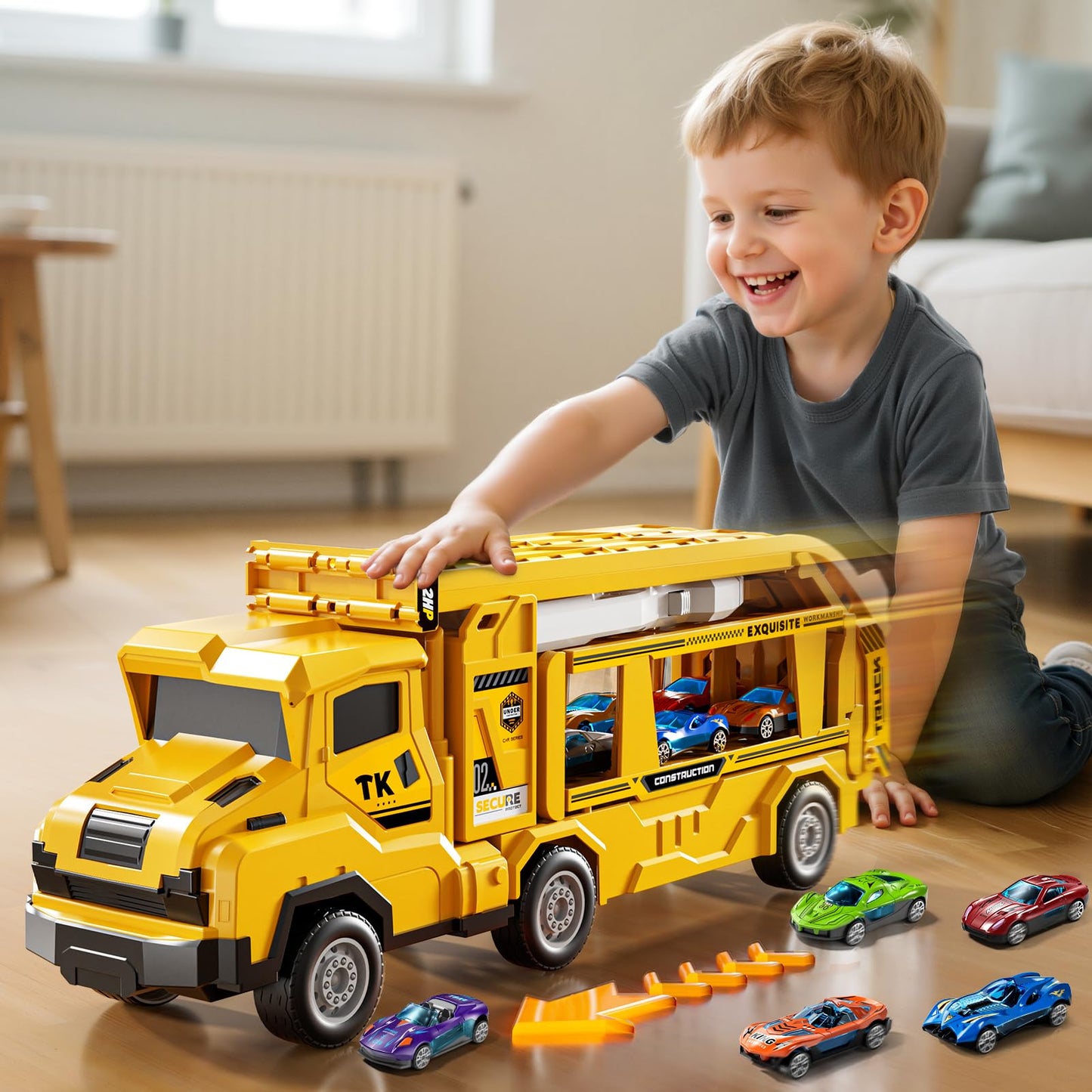 XINNOVEL Toddler Transporter Truck Toy Set – 12 Die-Cast Cars & Dual Track for Ages 3–8