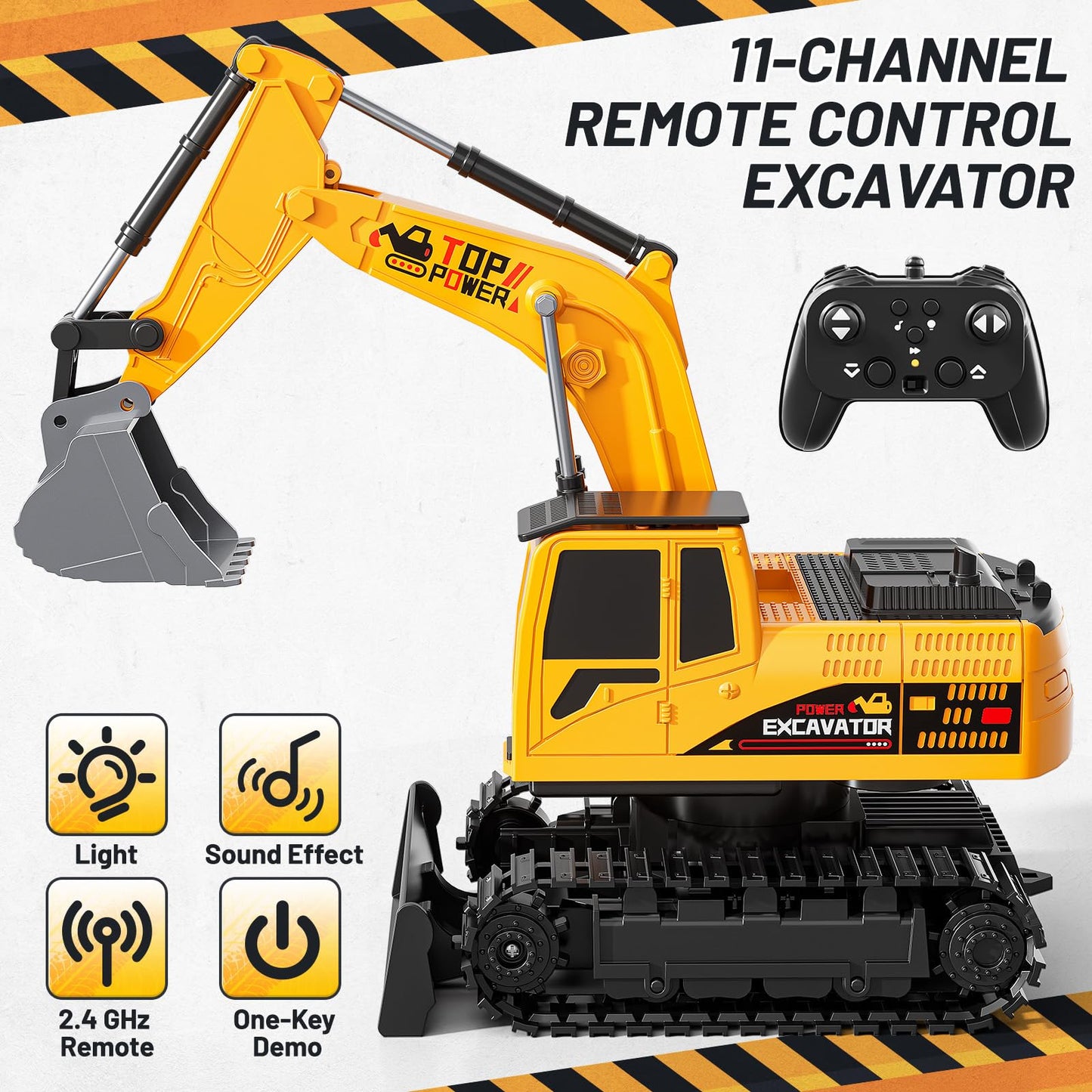 XINNOVEL 11CH RC Excavator Toy – 2.4GHz Sand Digger with Lights & Sounds, Indoor/Outdoor Gift for Boys 3-12