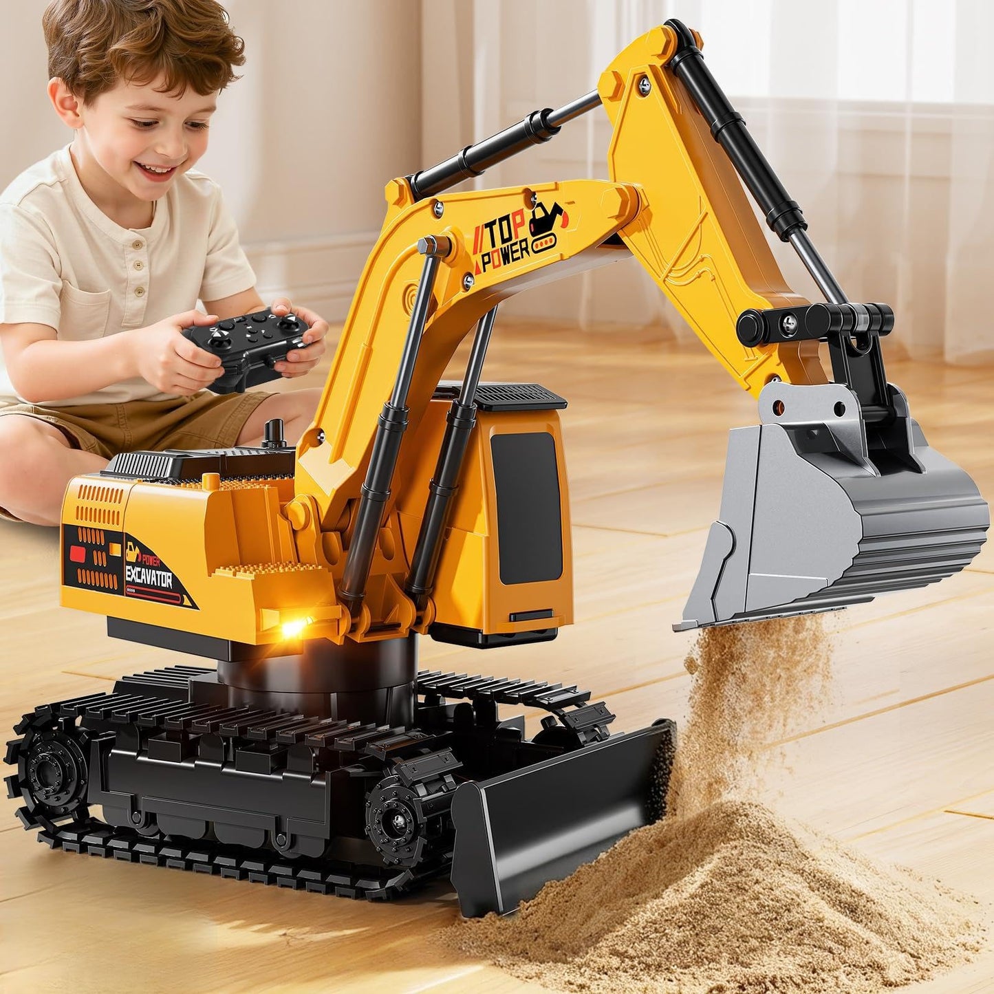 XINNOVEL 11CH RC Excavator Toy – 2.4GHz Sand Digger with Lights & Sounds, Indoor/Outdoor Gift for Boys 3-12