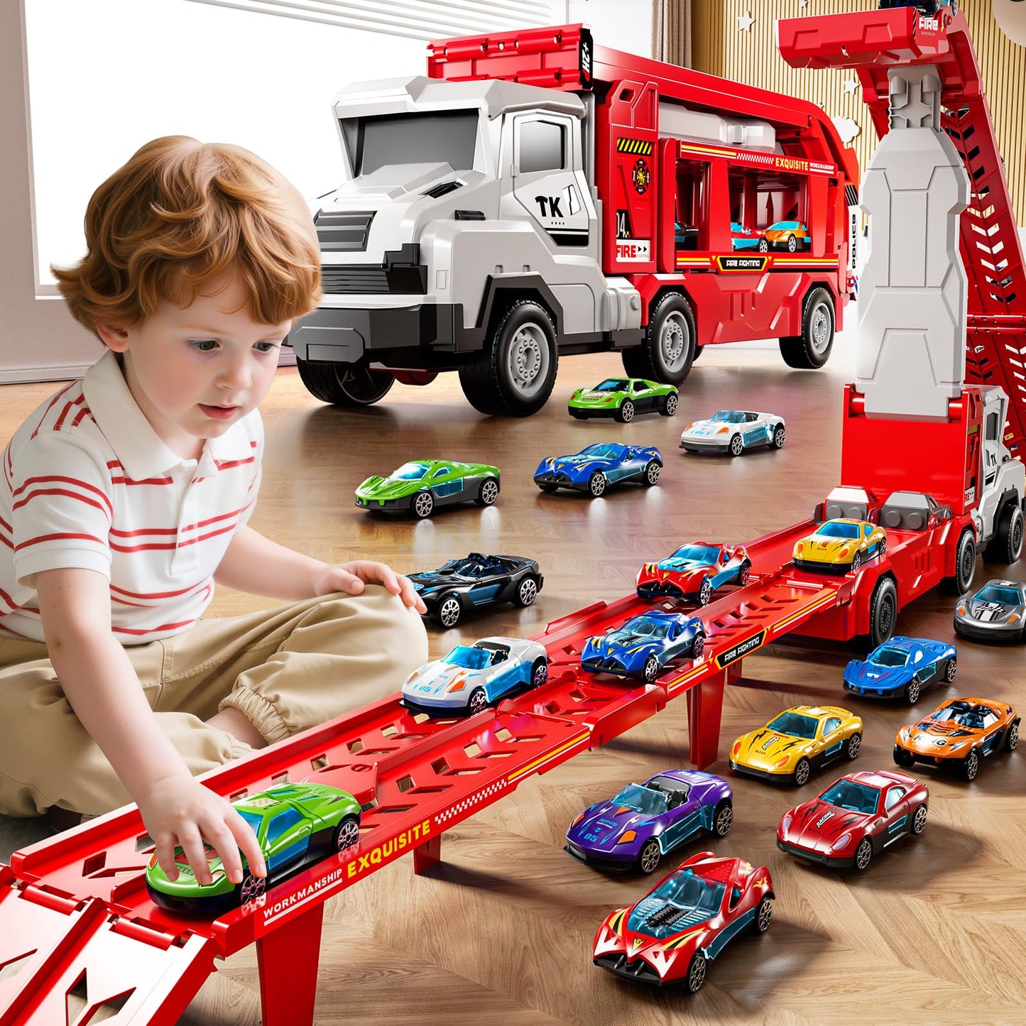 XINNOVEL Transporter Truck Toy Set with 12 Die-Cast Cars | Foldable 2-Track Race for Ages 3-8