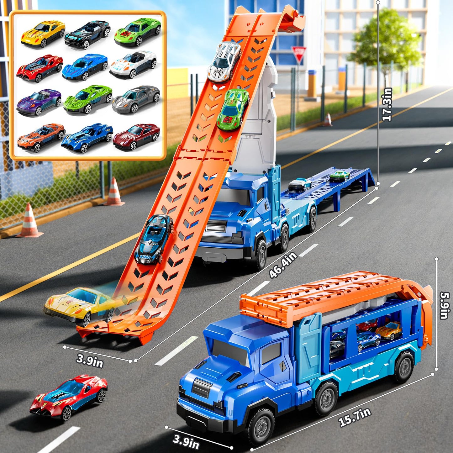 XINNOVEL Toddler Car Truck Toys for 3 to 8 Years Old Boys | 12 Die-Cast Cars & Dual-Track Transporter