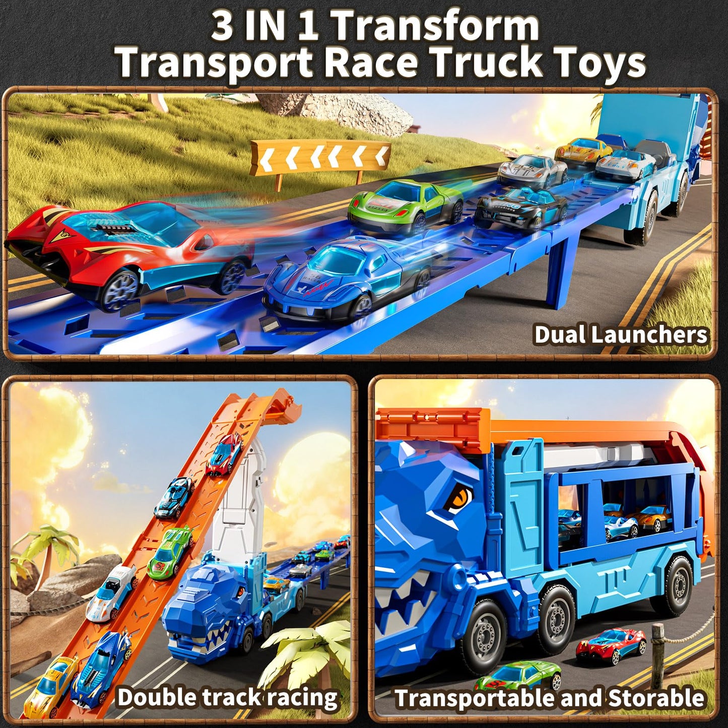 XINNOVEL Dinosaur Truck Track Set with 12 Die-Cast Cars - Foldable Race Track for Kids 3-8