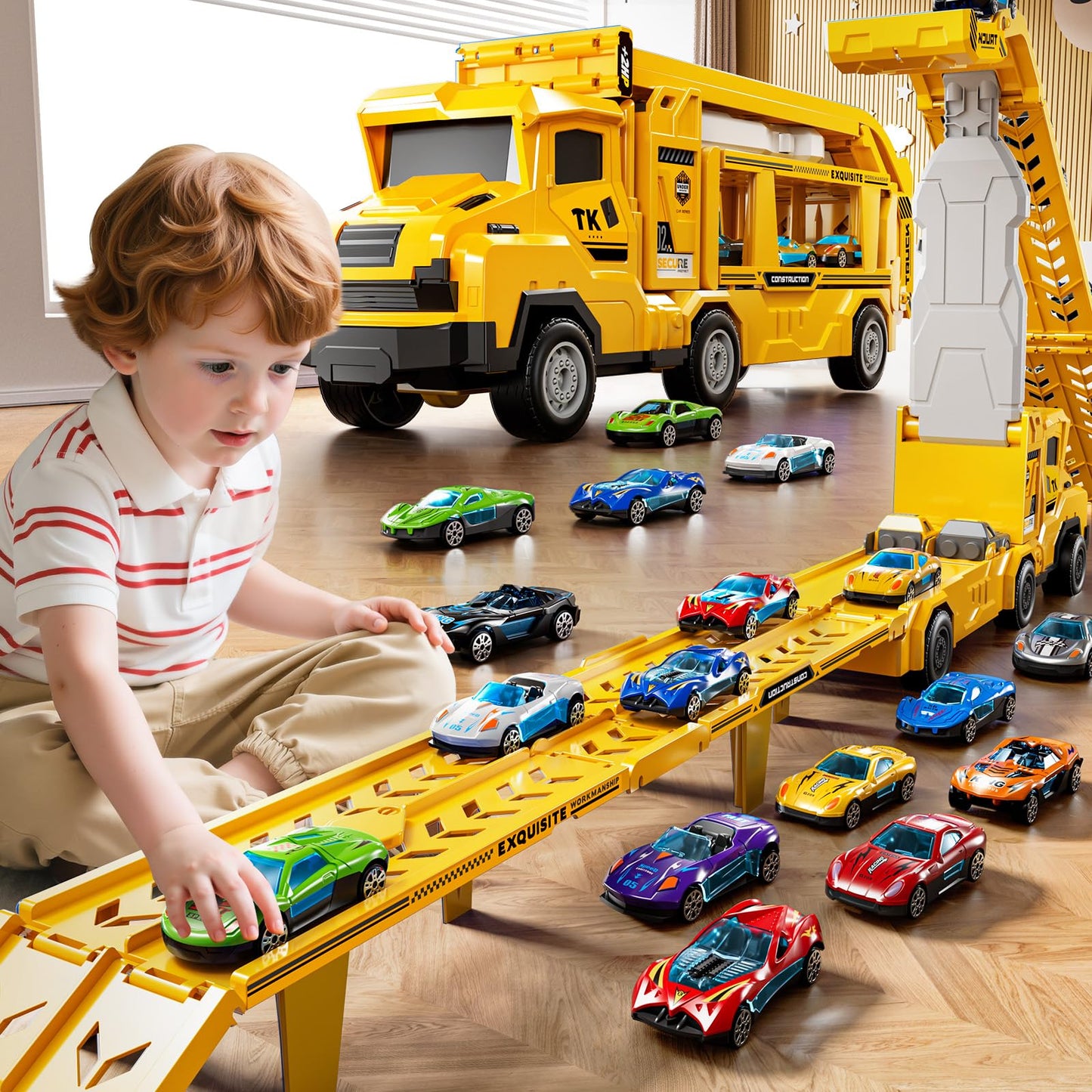 XINNOVEL Toddler Transporter Truck Toy Set – 12 Die-Cast Cars & Dual Track for Ages 3–8