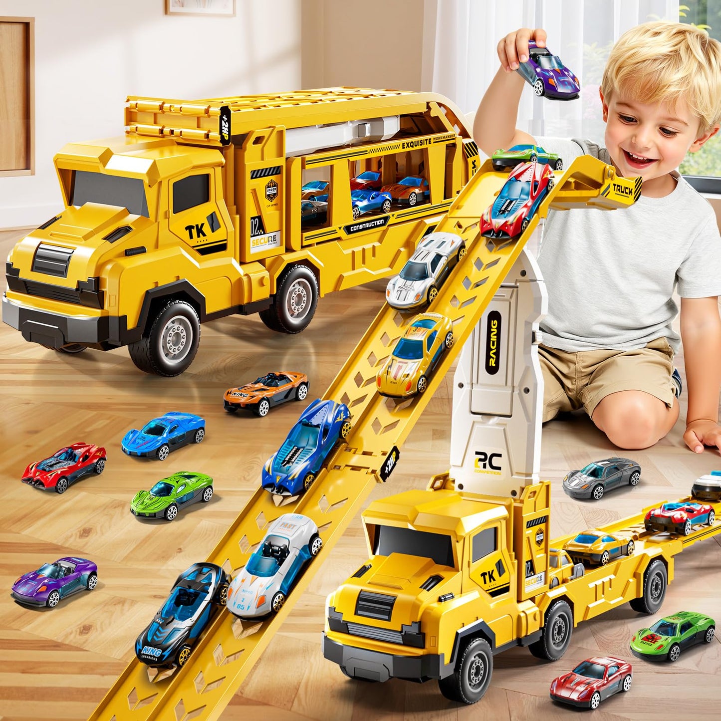 XINNOVEL Toddler Transporter Truck Toy Set – 12 Die-Cast Cars & Dual Track for Ages 3–8