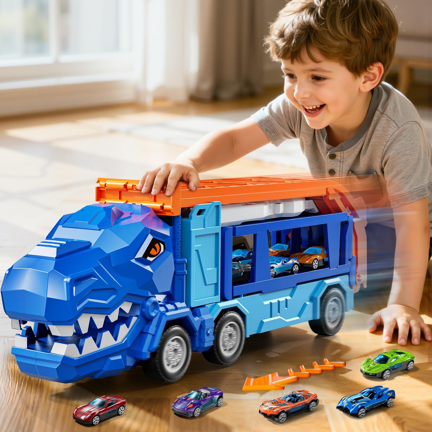 XINNOVEL Dinosaur Truck Track Set with 12 Die-Cast Cars - Foldable Race Track for Kids 3-8
