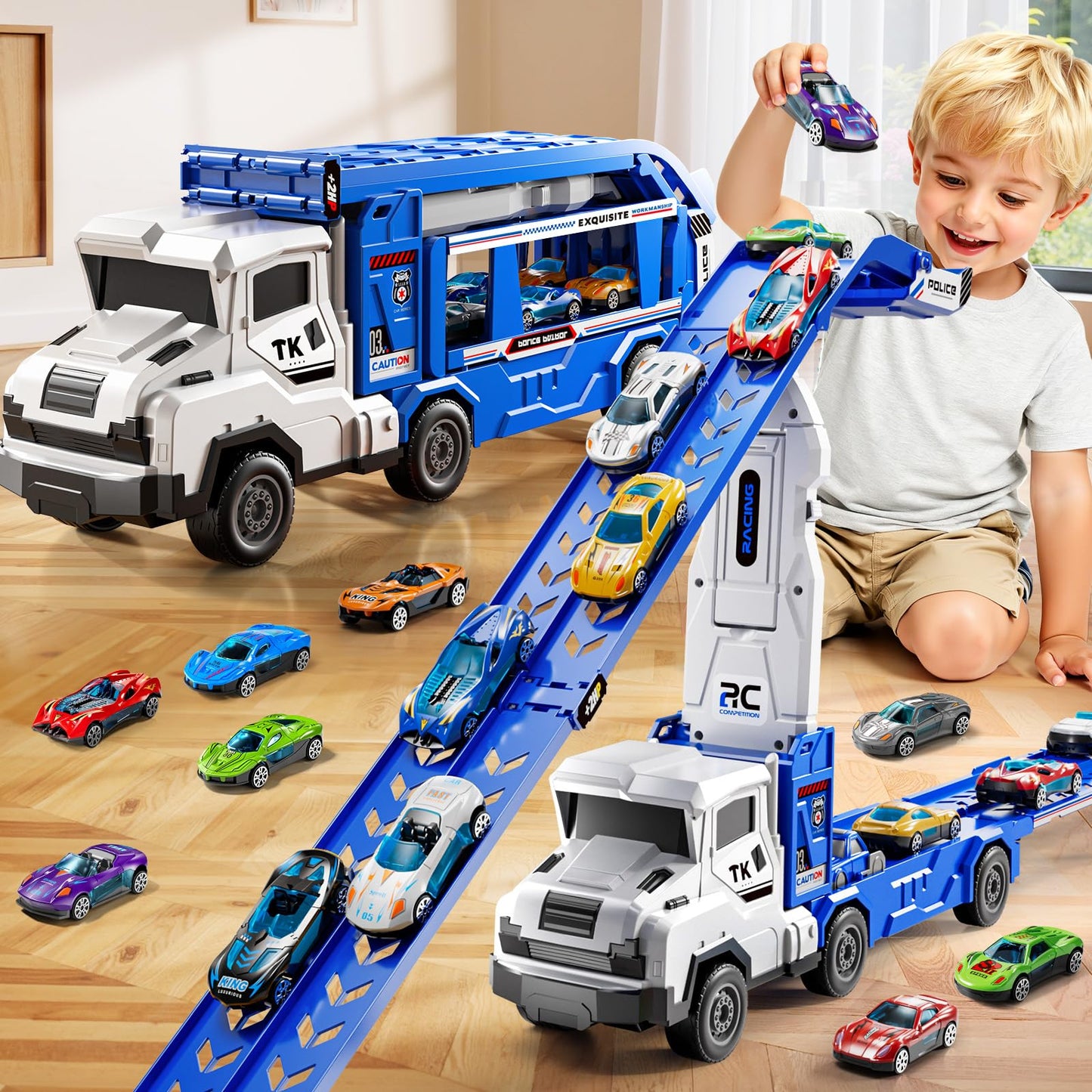 XINNOVEL Toddler Transporter Truck Toy Set with 12 Die-Cast Cars | Foldable Track Race for 3-8 Year Old Boys