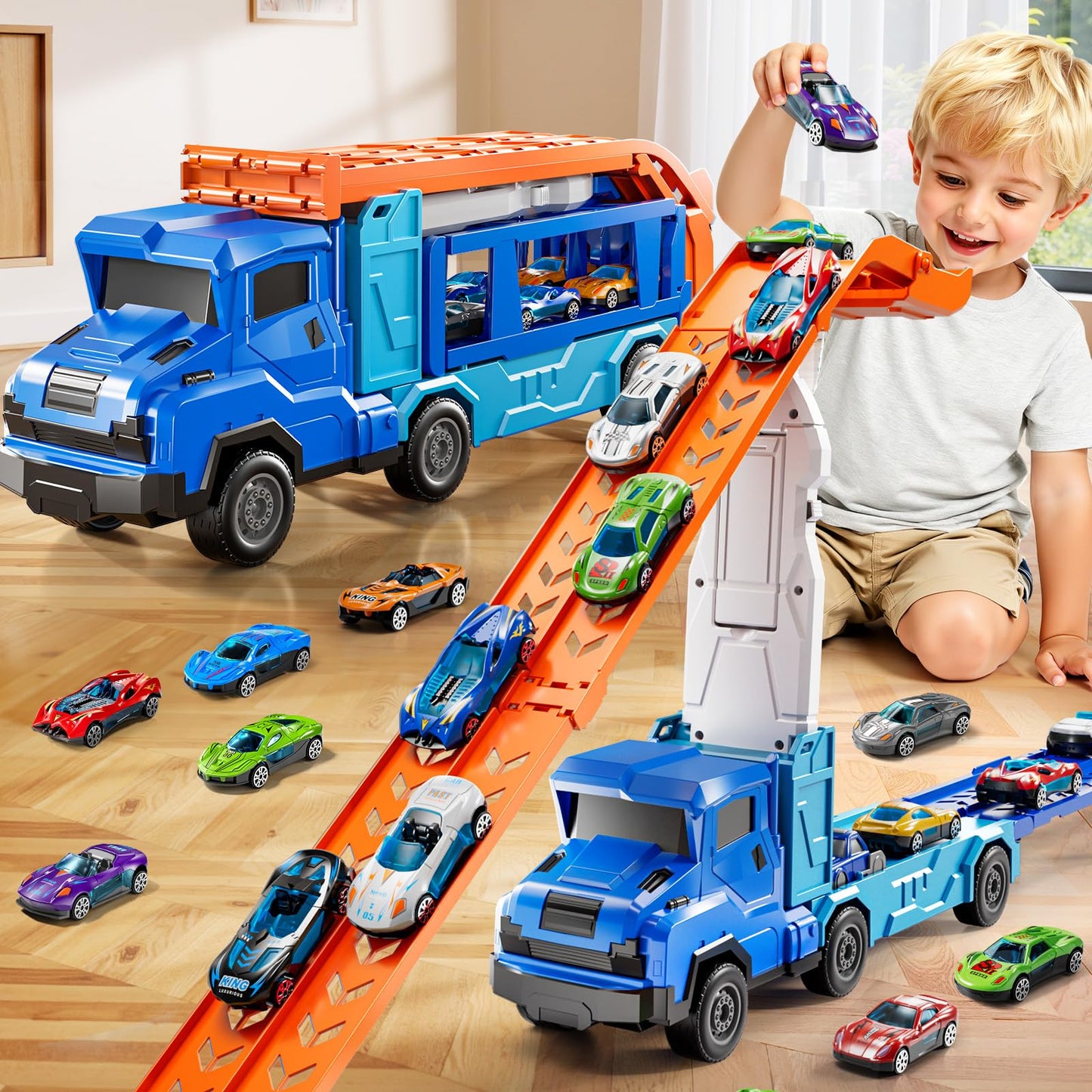 XINNOVEL Toddler Car Truck Toys for 3 to 8 Years Old Boys | 12 Die-Cast Cars & Dual-Track Transporter