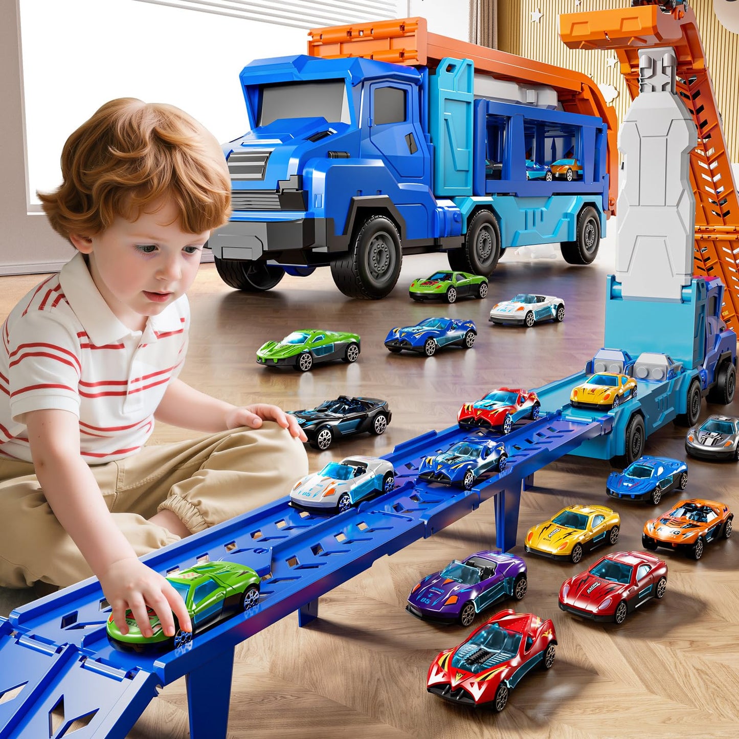 XINNOVEL Toddler Car Truck Toys for 3 to 8 Years Old Boys | 12 Die-Cast Cars & Dual-Track Transporter
