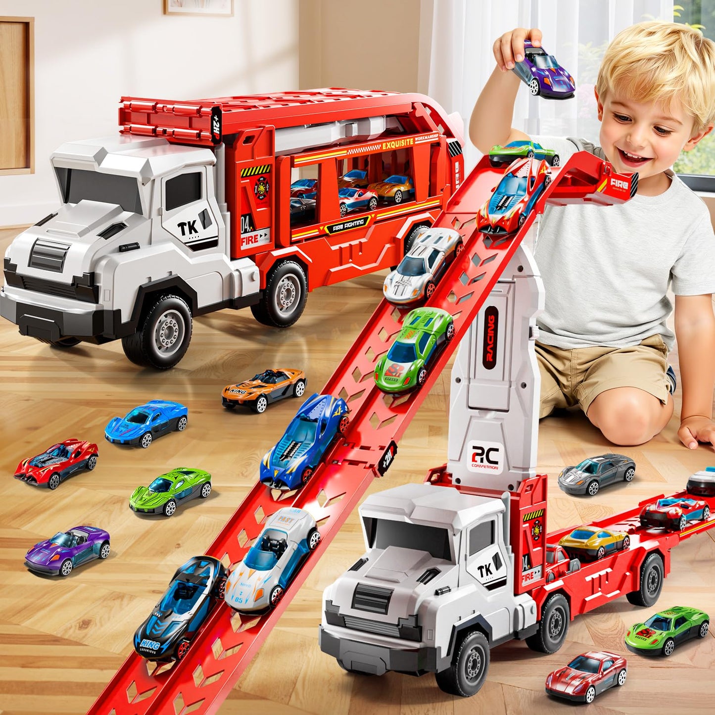 XINNOVEL Transporter Truck Toy Set with 12 Die-Cast Cars | Foldable 2-Track Race for Ages 3-8