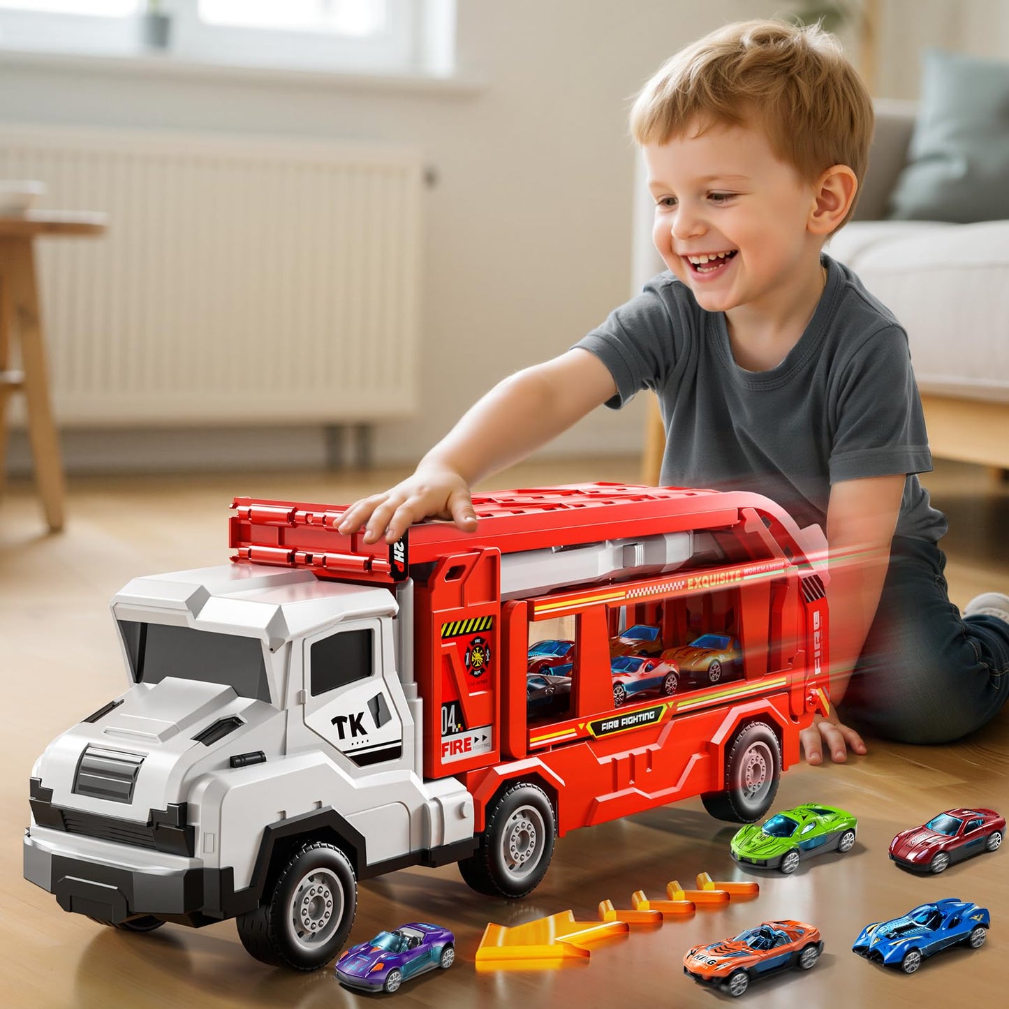 XINNOVEL Transporter Truck Toy Set with 12 Die-Cast Cars | Foldable 2-Track Race for Ages 3-8