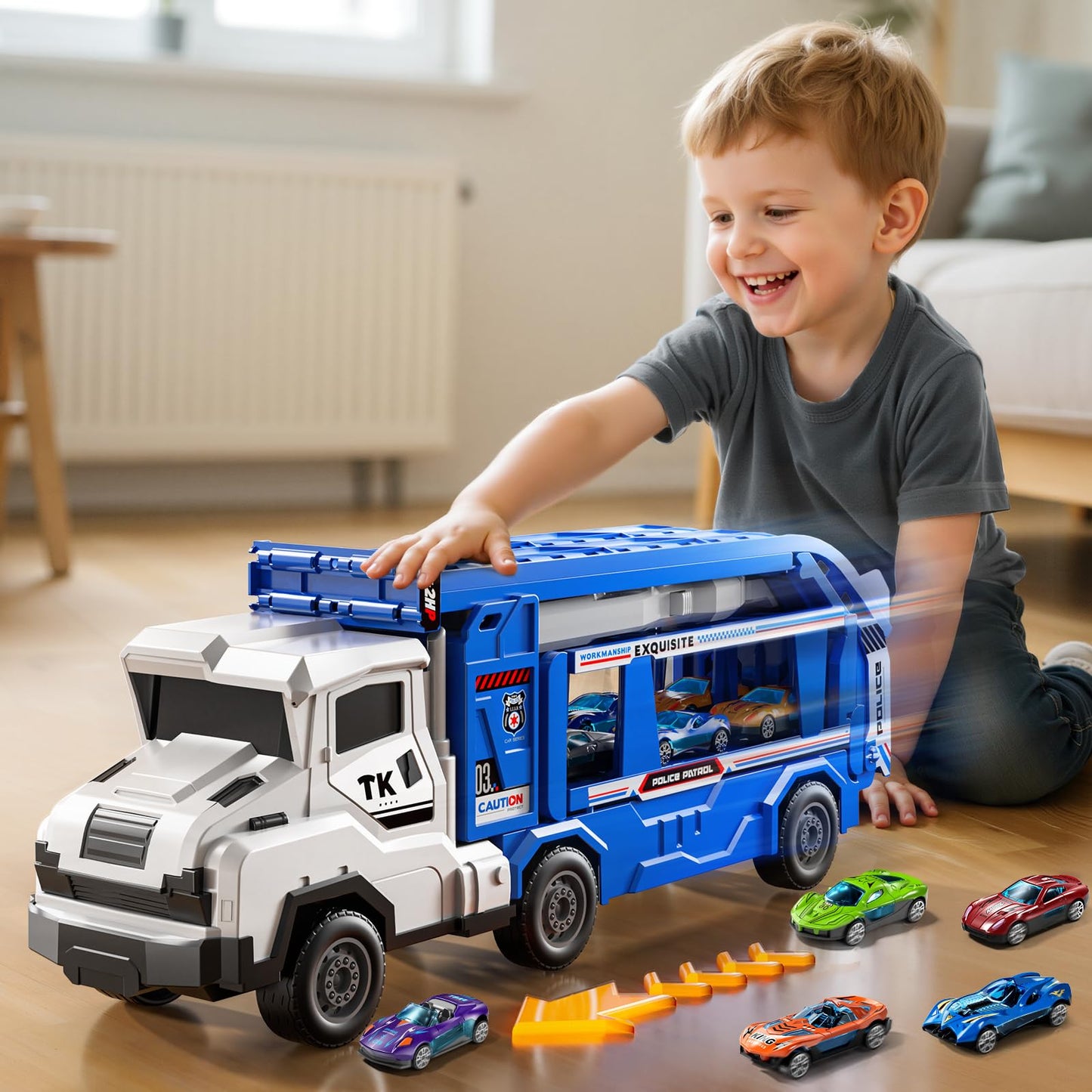 XINNOVEL Toddler Transporter Truck Toy Set with 12 Die-Cast Cars | Foldable Track Race for 3-8 Year Old Boys