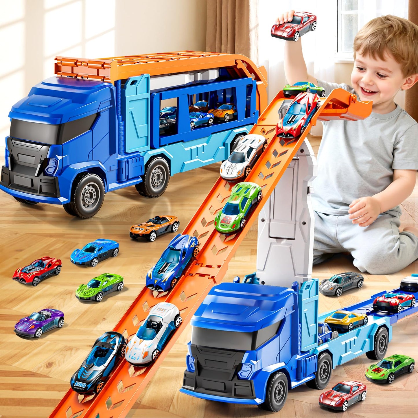 XINNOVEL Truck Toy Car Track Set with 12 Die-Cast Cars – 3-8 Years