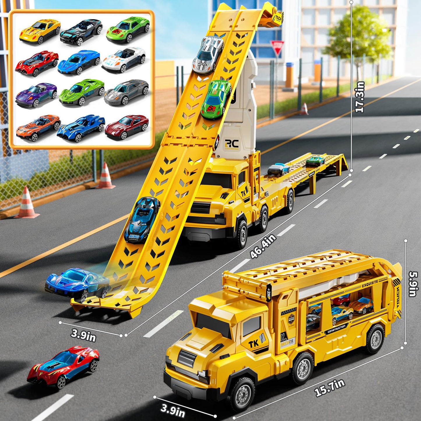 XINNOVEL Toddler Transporter Truck Toy Set – 12 Die-Cast Cars & Dual Track for Ages 3–8