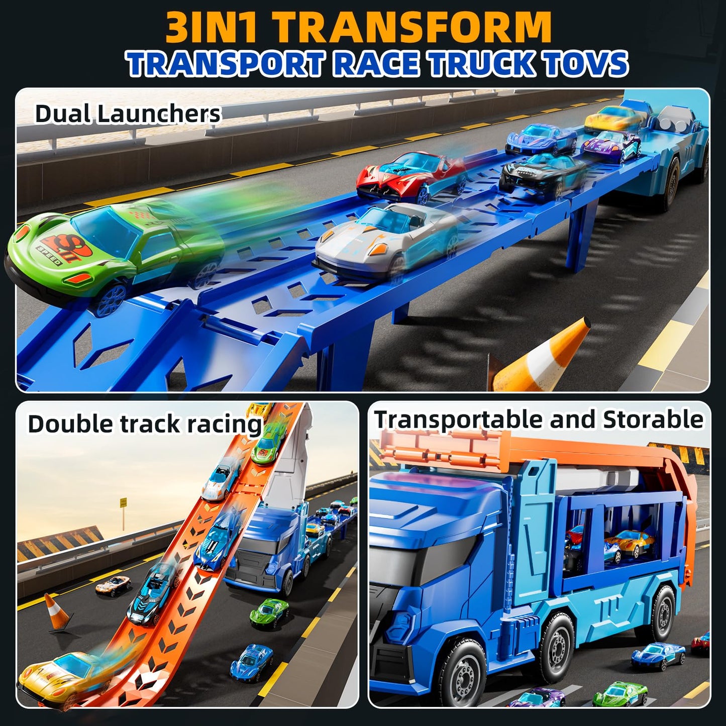 XINNOVEL Truck Toy Car Track Set with 12 Die-Cast Cars – 3-8 Years