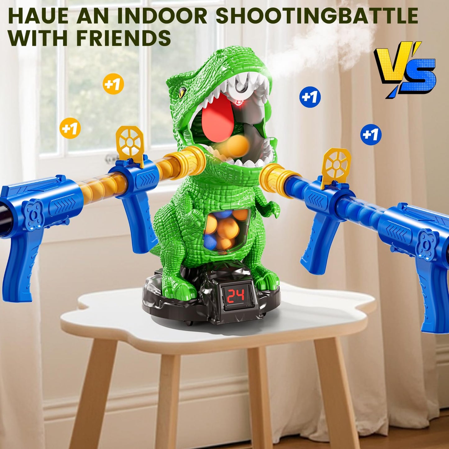 XINNOVEL Movable Dinosaur Shooting Game – Indoor/Outdoor Target Toy with 2 Foam Gun Launchers and LCD Score